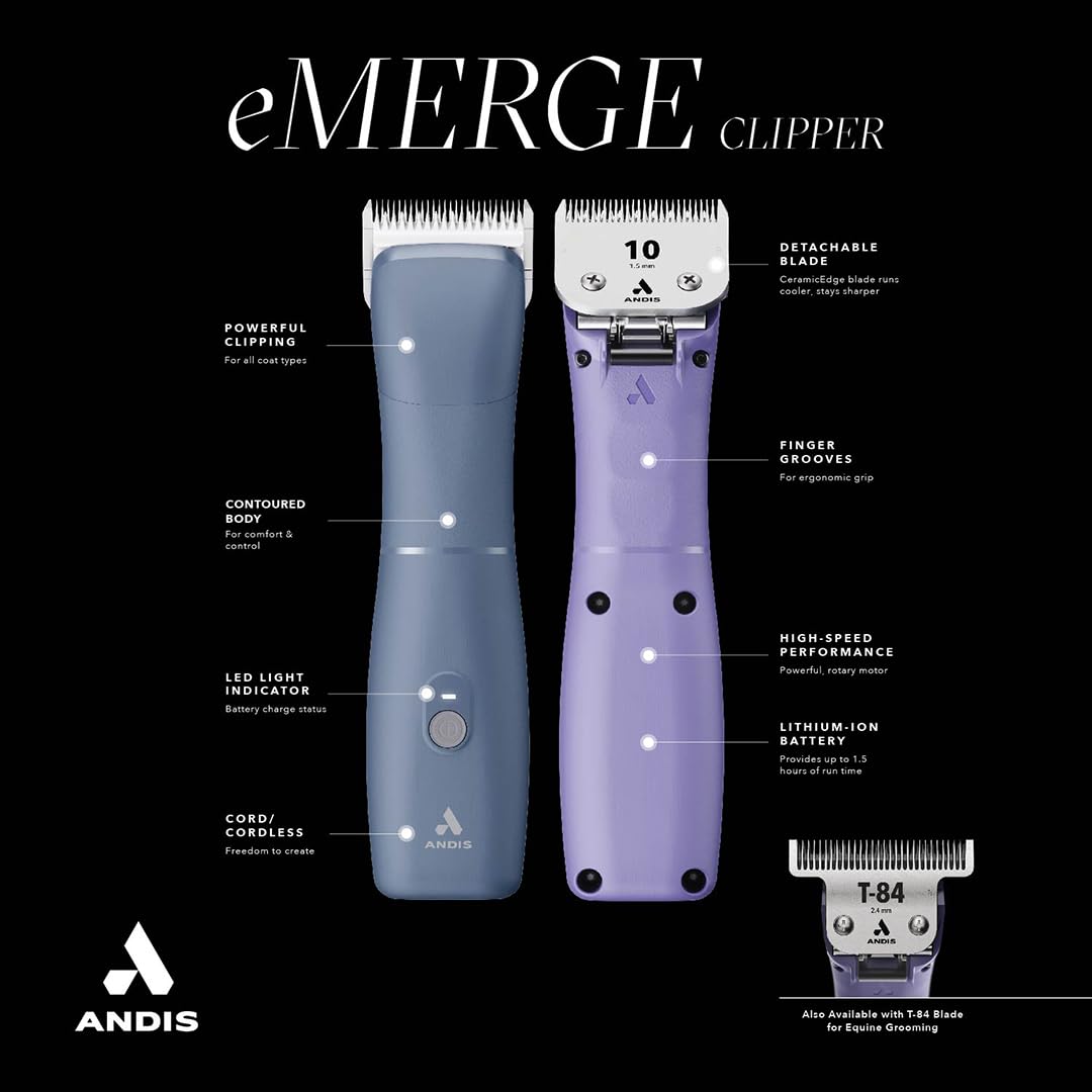 Black Andis Emerge Lithium-ion Cordless Detachable Blade Dog Clipper, for All Coats & Breeds, Purple, 560489