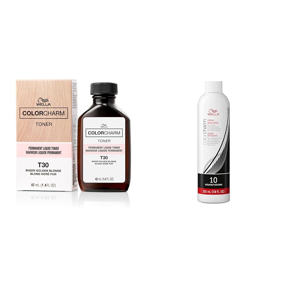 White Smoke Bundle of WELLA colorcharm Permanent Liquid Toners, Neutralize Brass, Free of Parabens, Vegan, T30 Sheer Golden Blonde + 10 Vol Cream Developer Bundle