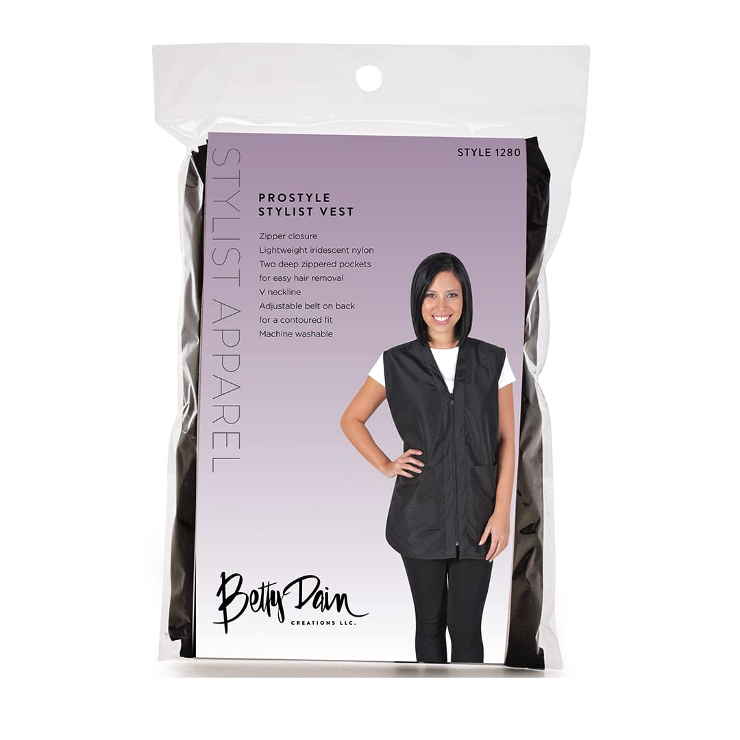 White Smoke Betty Dain Professional Zip Front Salon Stylist Vest, V-Neck, Iridescent Fabric, Adjustable Belt, Two Lower Pockets with Zippered Bottoms, Lightweight, Machine Washable Nylon, Black, XL