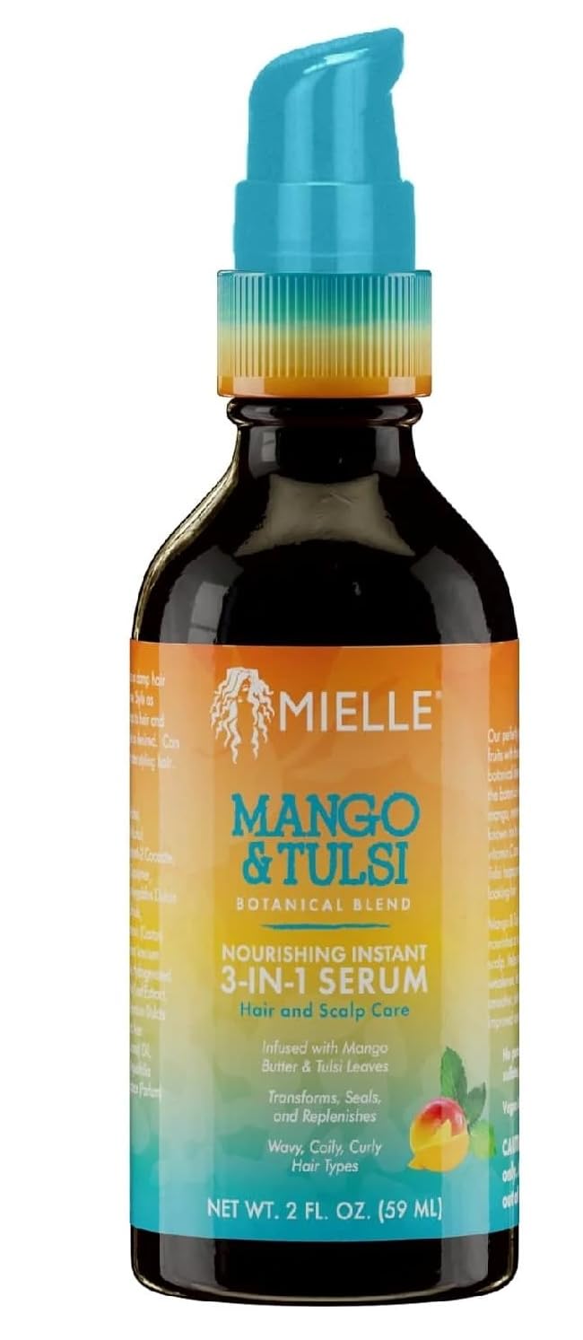 White Smoke Mielle Organics Mango & Tulsi Nourishing 3-in-1 Hair Serum - Hair & Scalp Serum for Frizz Control, Split Ends & Moisture Balance - Strengthens & Seals Cuticles with Nutrients (12 Fl Oz)
