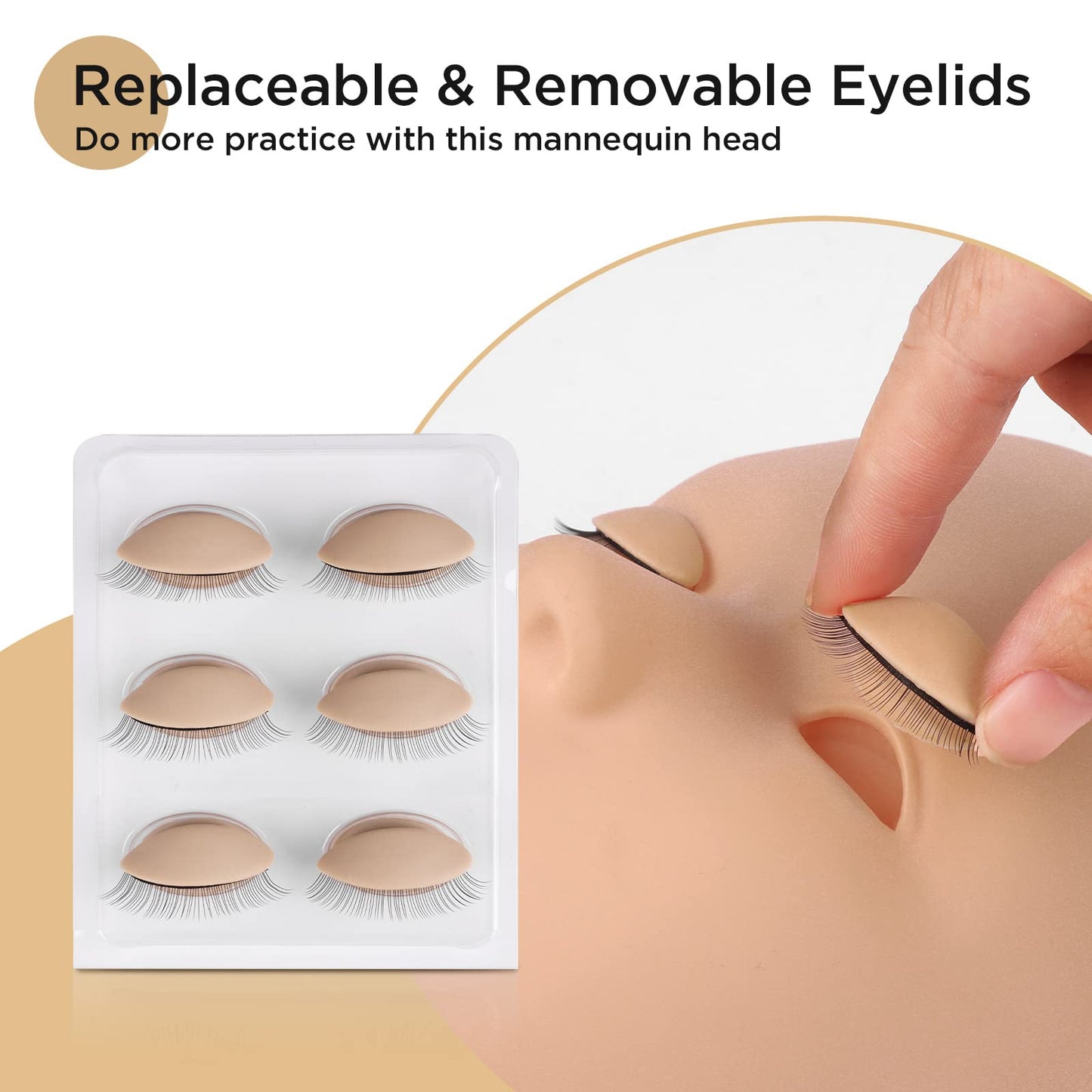 White Smoke LASHVIEW Lash Mannequin Head , with 4 Pairs Replaced Eyelids Practice, Makeup Soft-Touch Rubber, Natural Skin Color