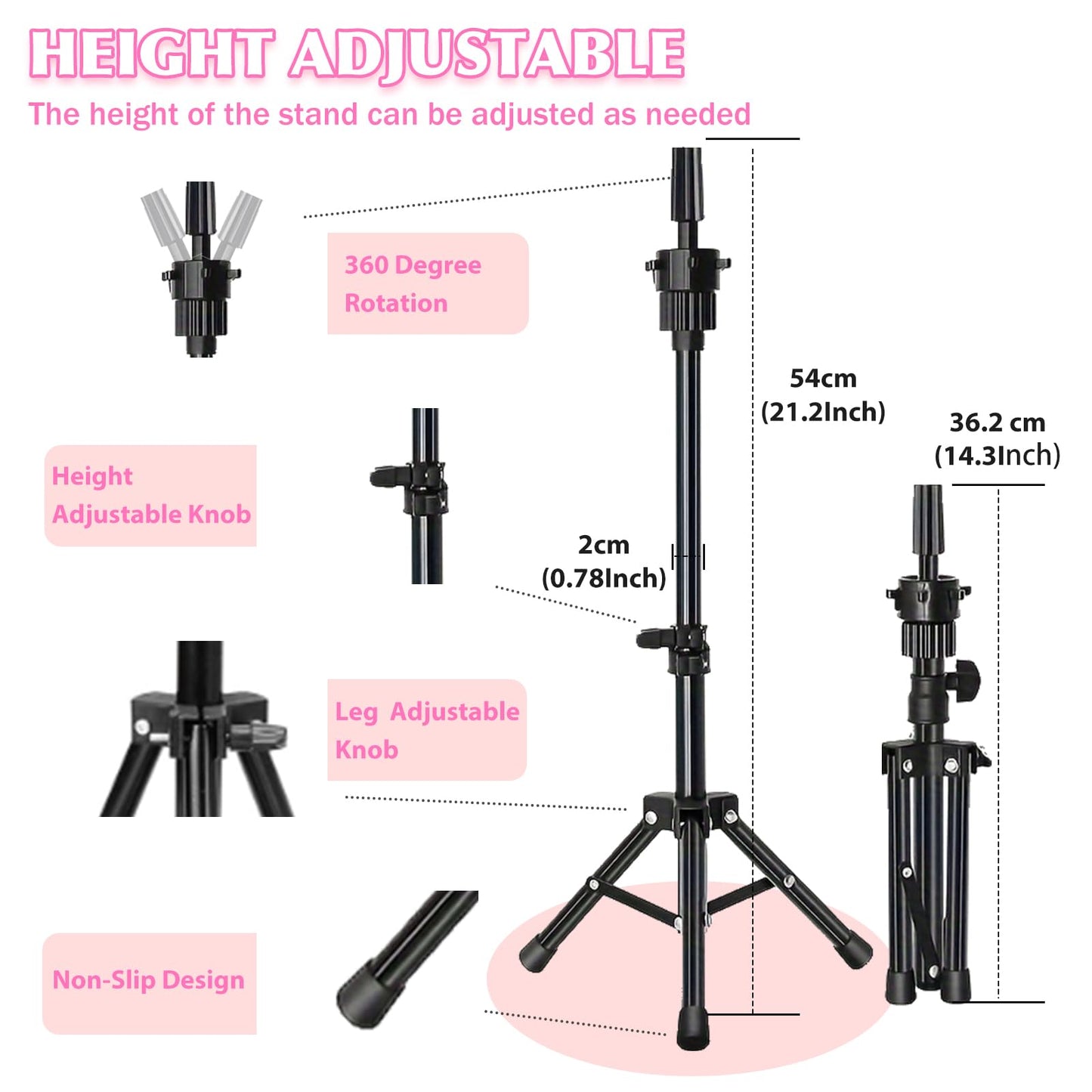 White Smoke Firstwon 22 Inch Wig Head Mannequin Head for Wigs, Wig Stand with Head for Hair Styling Practice Display Wigs Making Tripod Stand with T Pins Set