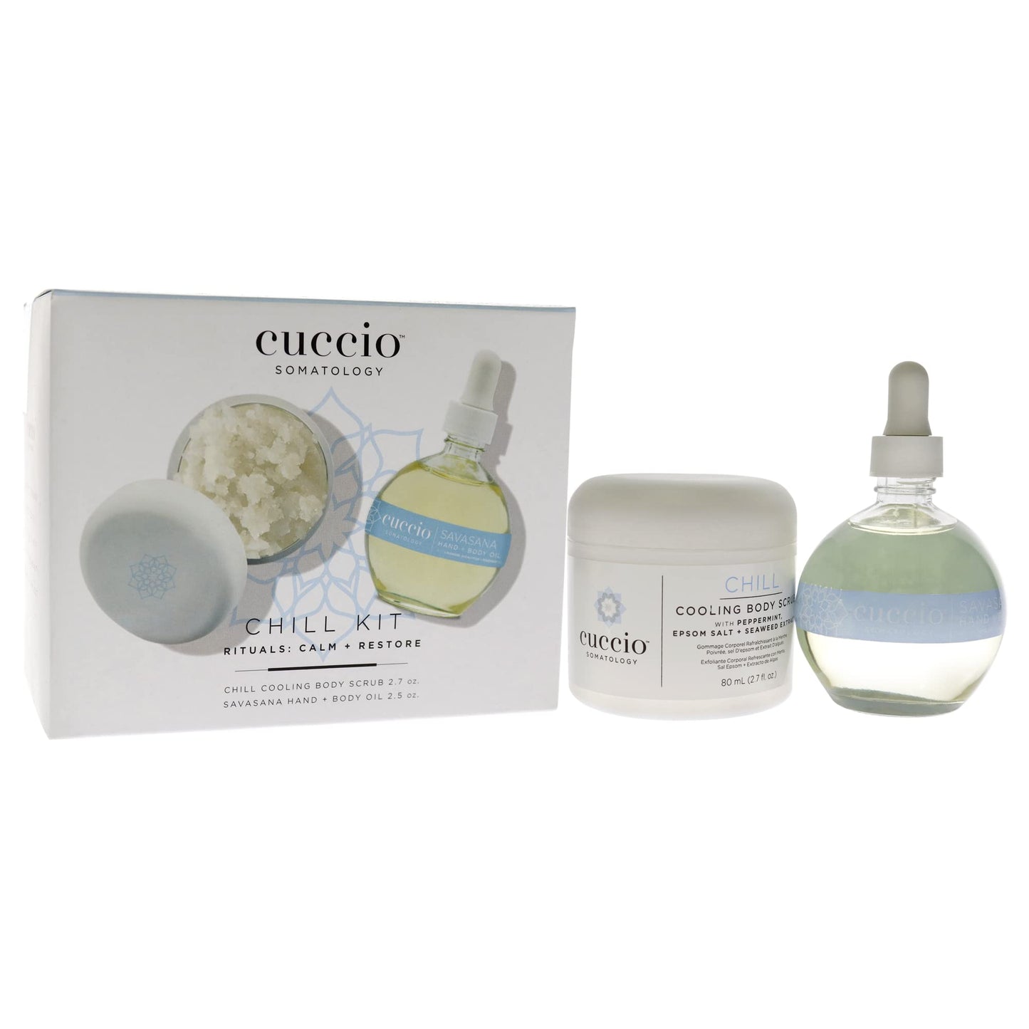 White Smoke Cuccio Somatology Chill Kit - Gently Exfoliates - Soothes and Hydrates Skin - for Yourself or Loved Ones - Paraben Free - Includes Cooling Body Scrub and Hand and Body Oil - 2 pc