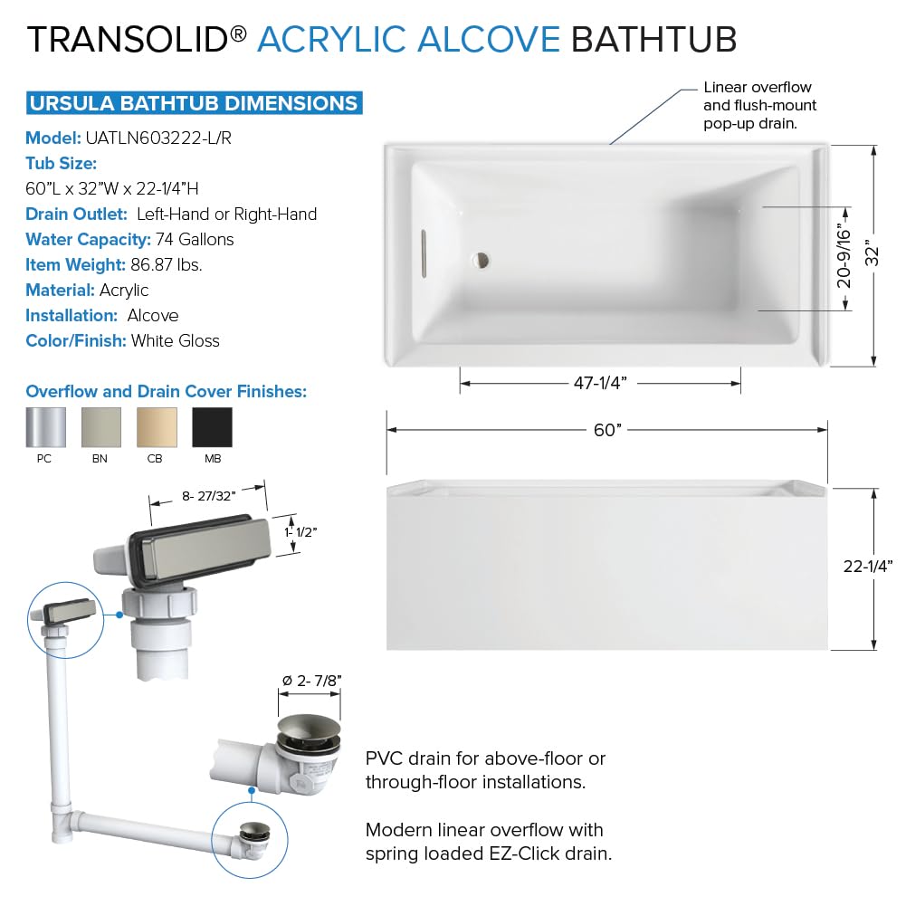 White Smoke Transolid UATLN603222-L-BN Unity AFR 60-in x 32-in x 22-in Alcove Acrylic Bathtub Kit With Left Hand Drain, White/Brushed Nickel