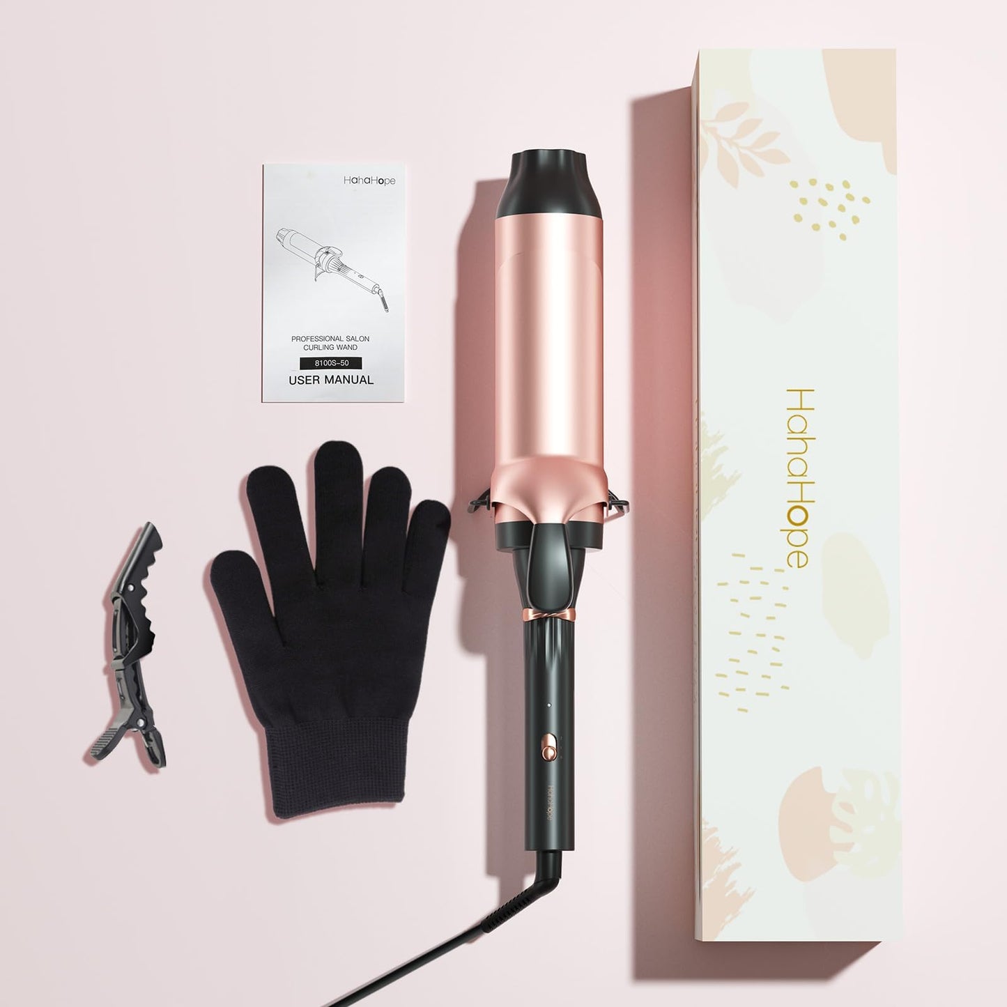 Lavender Hahahope Professional 2 Inch Curling Iron with Clamp - Large Barrel Curling Wand for Long Hair, Dual Voltage, Adjustable Heat Settings, Lightweight Design Rose Gold