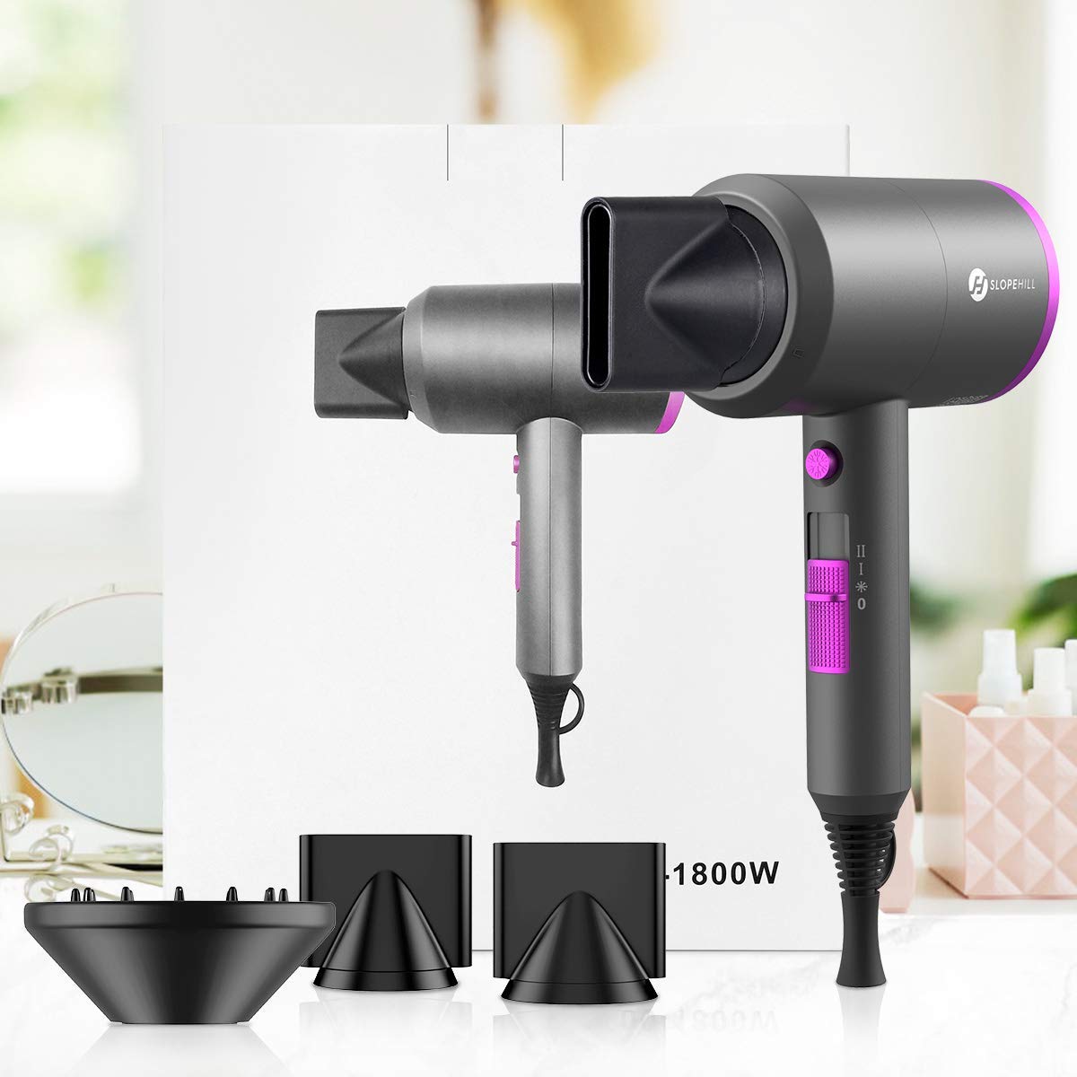 White Smoke slopehill Professional Ionic Hair Dryer, Powerful 1800W Fast Drying Low Noise Blow Dryer with 2 Concentrator Nozzle 1 Diffuser Attachments for Home Salon Travel