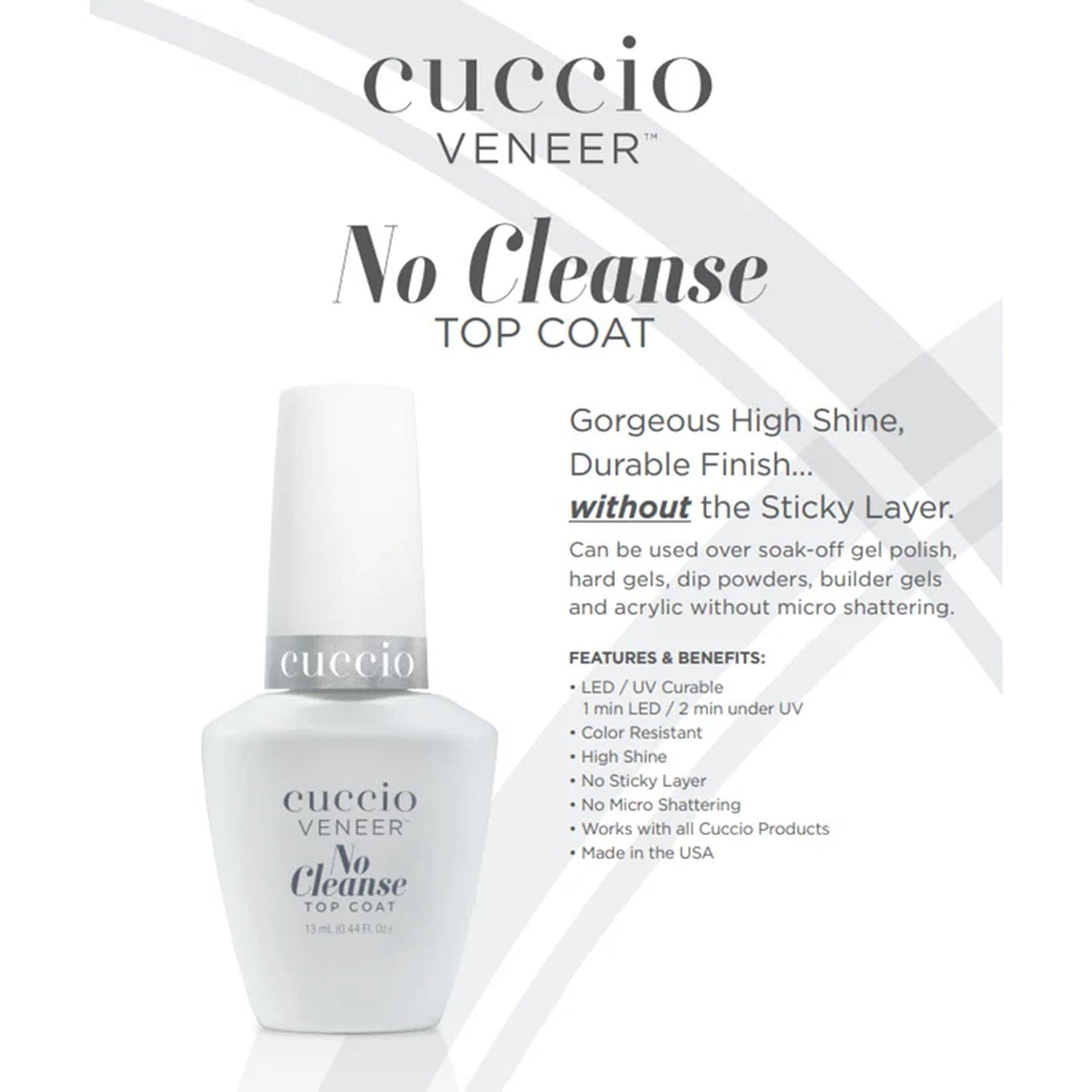 White Smoke Cuccio No Cleanse Top Coat Nail Polish – High Gloss Shine, UV/LED Compatible, Chip-Resistant for Long-Lasting Manicures, 0.44 Fluid Ounce