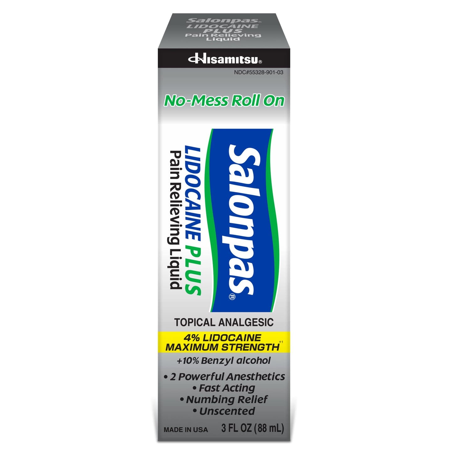 White Smoke Salonpas LIDOCAINE Plus 3 oz ROLL ON Pain Relieving Liquid! Maximum Strength 4% Lidocaine for Numbing Pain Relief! Mess Free Application! (3 Pack)