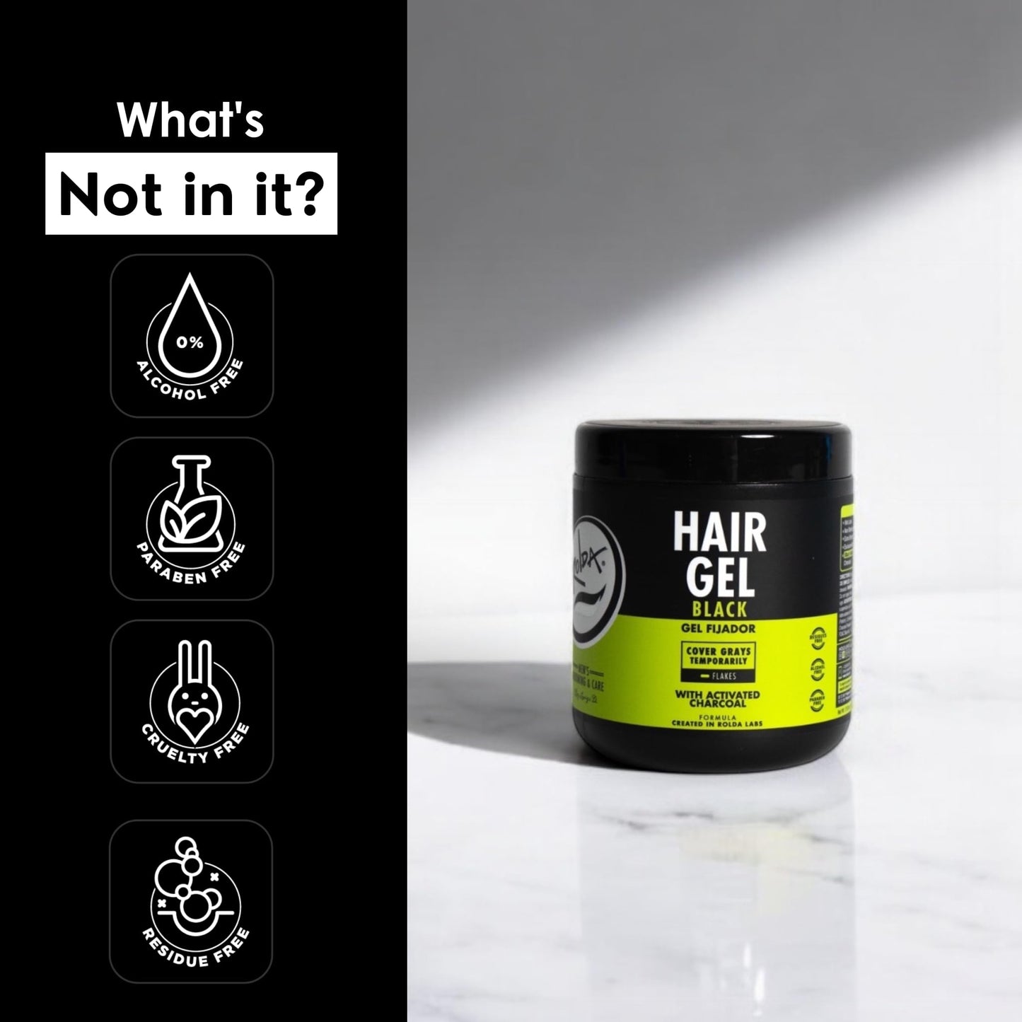 Black Rolda Black Hair Gel for Men - Medium Hold Styling Gel with Activated Charcoal for Wet Look - Covers Grays & Enhances Black Hair - Flake + Alcohol Free (8.81 oz)