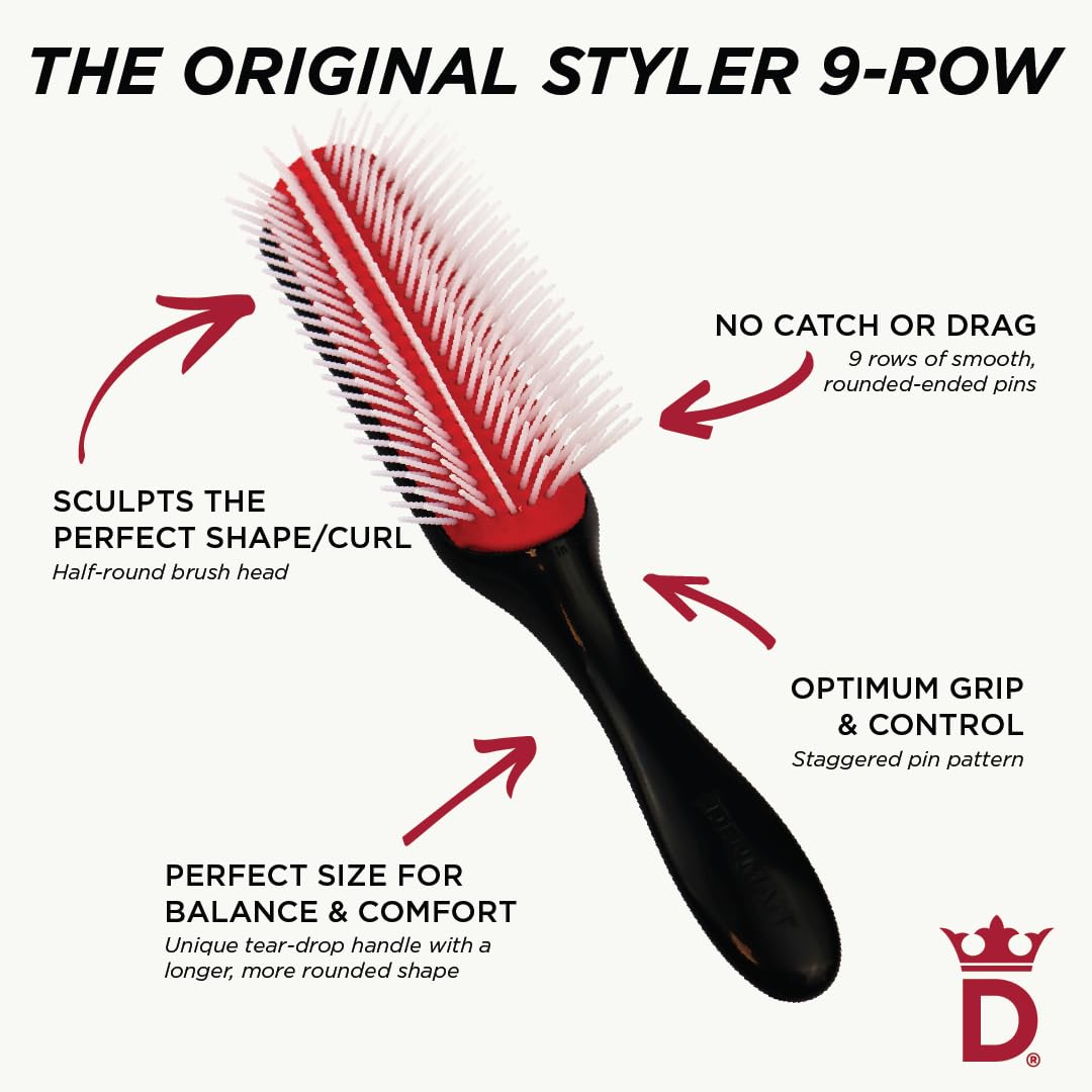 White Smoke Denman D4 Original Curl Definer & Styler, Curly Hair Brush for Women & Men – 9 Row Detangling & Curl Defining Brush for Smooth Defined Curls - a Precision Styling Brush for straight hair
