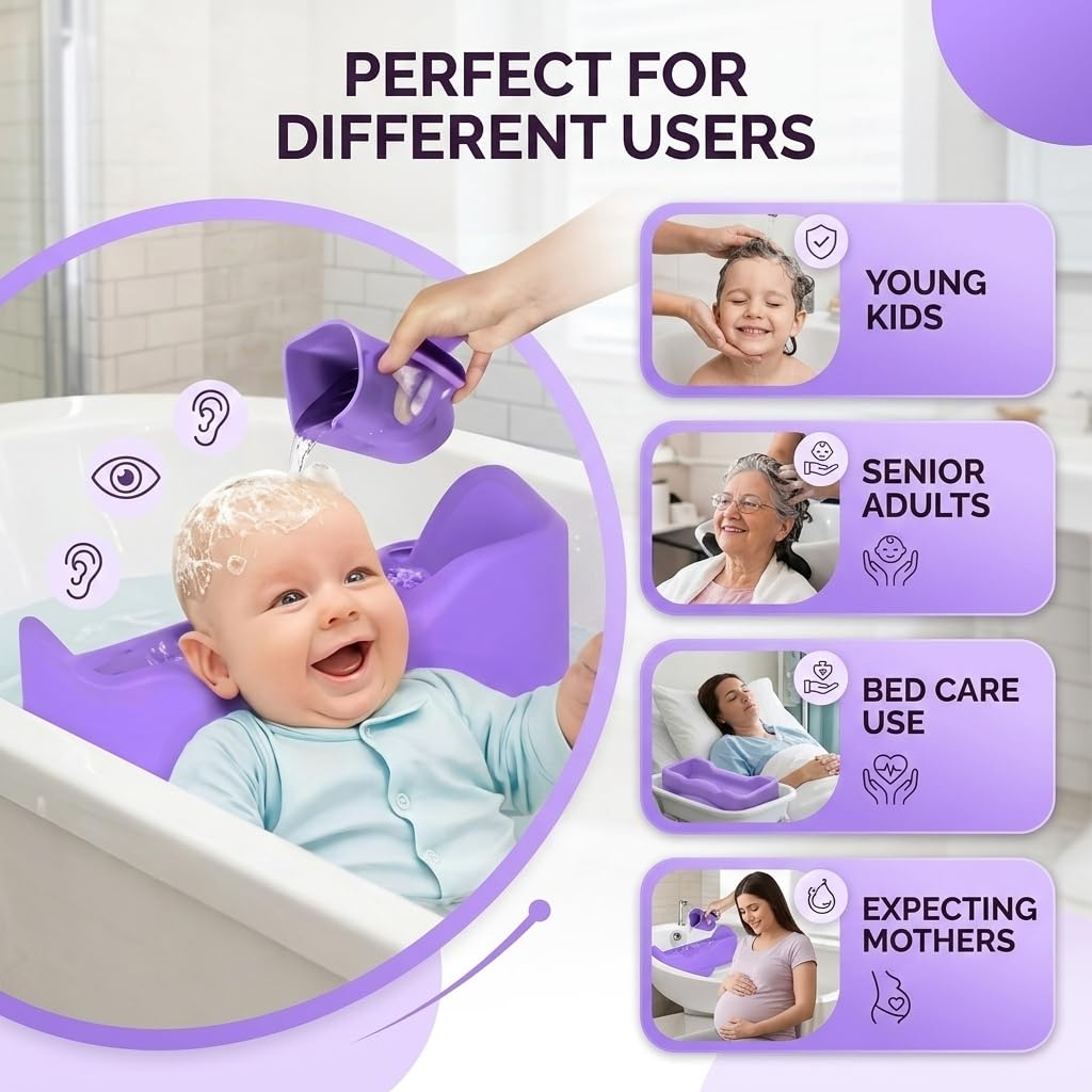 White Smoke Portable Hair Washing Station for Kids – Silicone Hair Washing Basin for sink and Teens,Tear-Free Shampoo Bowl with baby bath Rinse Cup, Neck Support for Kids-Purple
