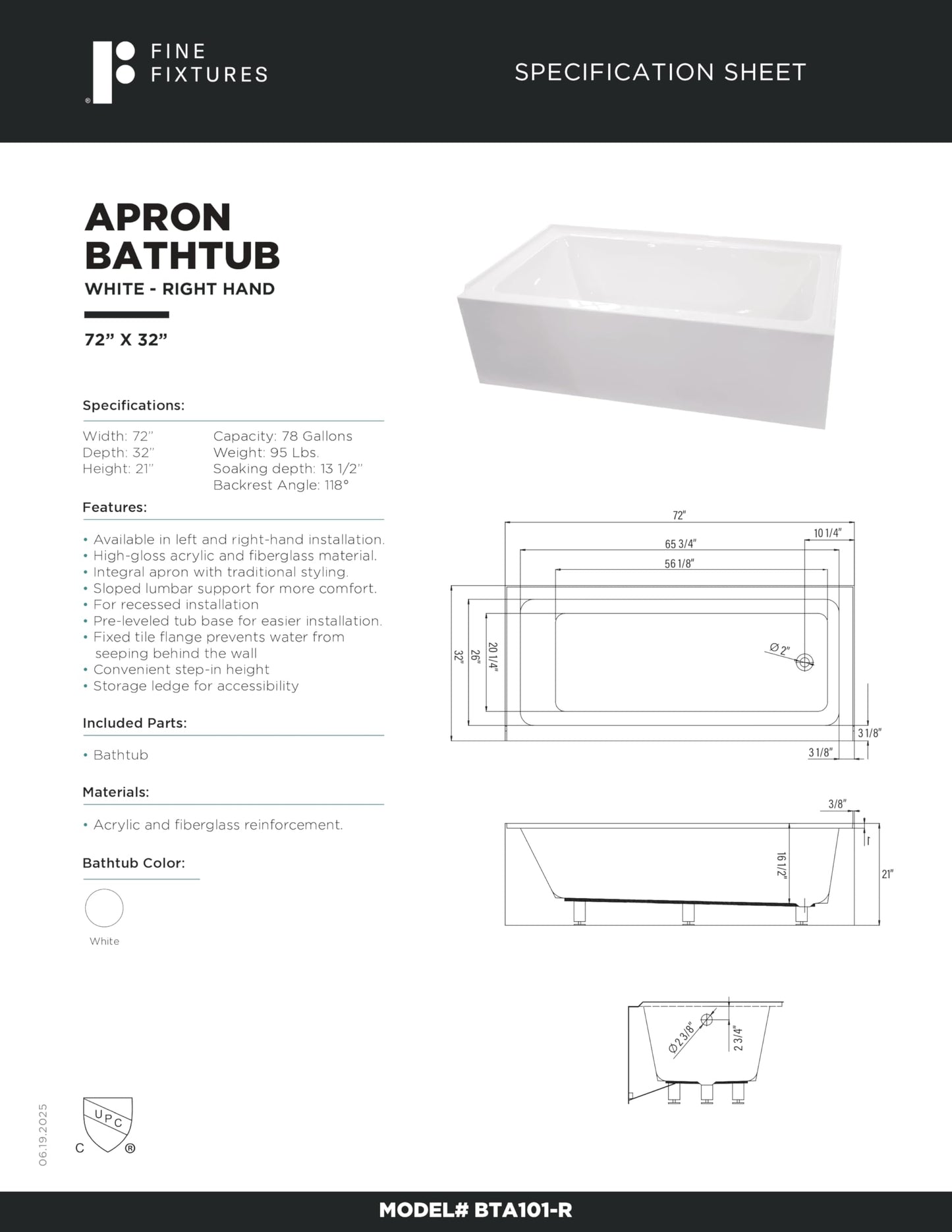 White Smoke Fine Fixtures Acrylic, Fiberglass Alcove Soaking Bathtub with Integral Apron Front in Glossy White - Right Hand Drain, 72" x 32"
