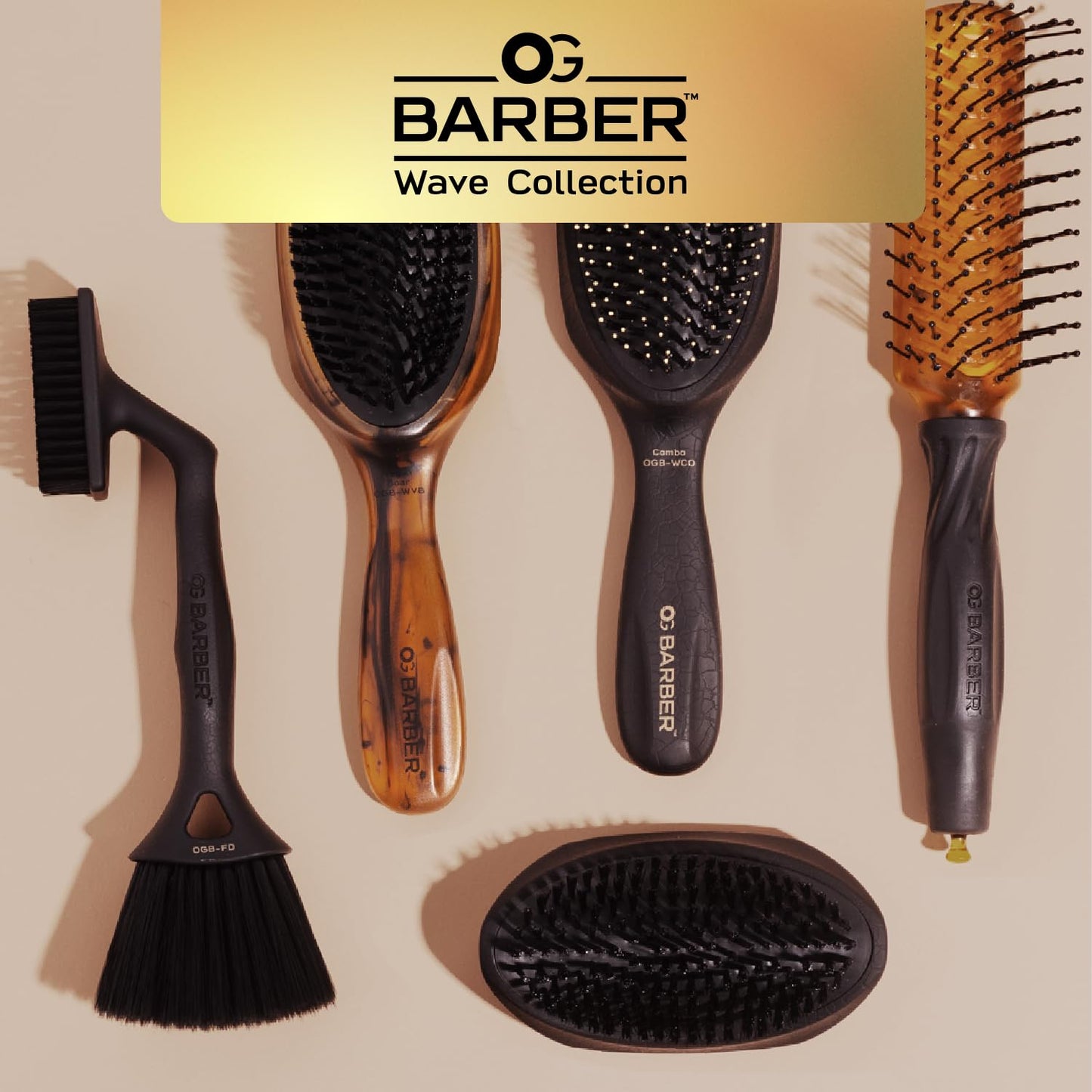 Gray Olivia Garden Barber Palm Wave Brush, Black Cushion with Vegan Boar Bristles, Recycled ABS in Black Crackle Soft-Touch Finish