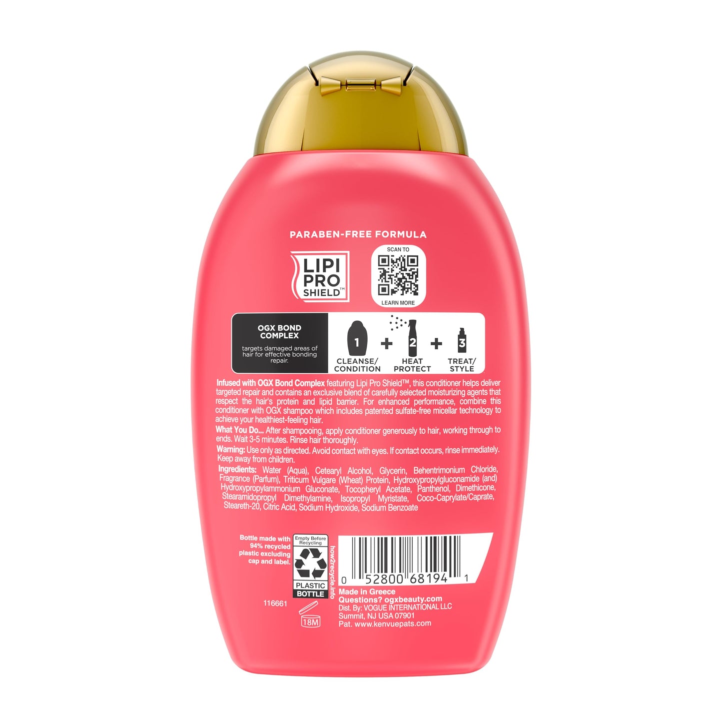 White Smoke OGX Repair & Protect Bond Protein Repair Conditioner, Lightweight Conditioner Targets Damaged Areas of Hair, Formulated without Parabens, Sulfate-Free Surfactants, 13 fl. oz