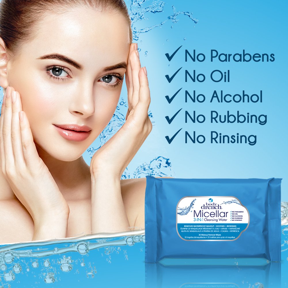 Medium Turquoise Body Drench 3-in-1 Micellar Water Makeup Remover Wipes – Removes Waterproof Makeup, Facial Cleanser, 30 Ct. (6 Pack)
