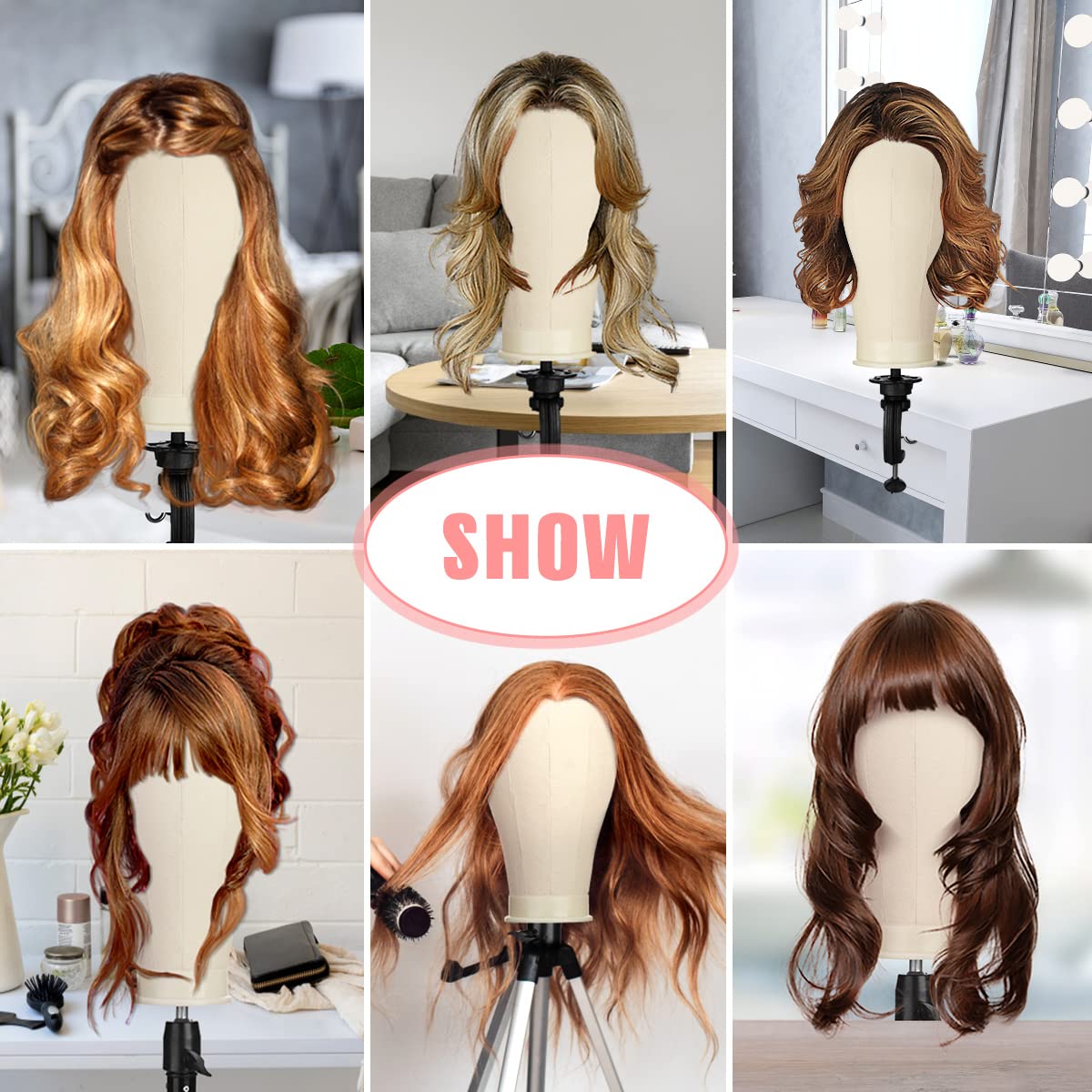 White Smoke SZCY LLC 23 Inch Canvas Block Wig Head, 47 Inch Wig Stand Tripod with Head, Mannequin Head for Wigs Display with Wig Caps, T C Pins Brush