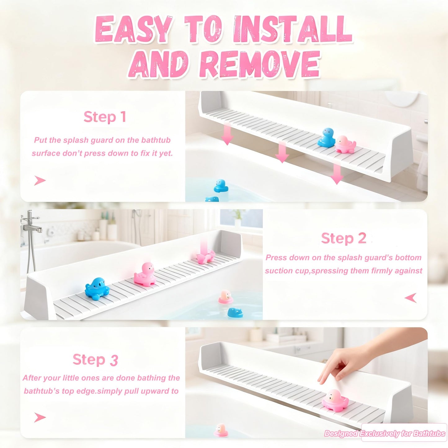 White Smoke Longer Bath Tub Splash Guard for Kids,Silicone Bath Toy Holder for Bathtub,Prevent Water Spills in Bathroom,Fun-Filled Bath Time for Toddlers Including Bath Brush and Toy Storage Bag (Grey)