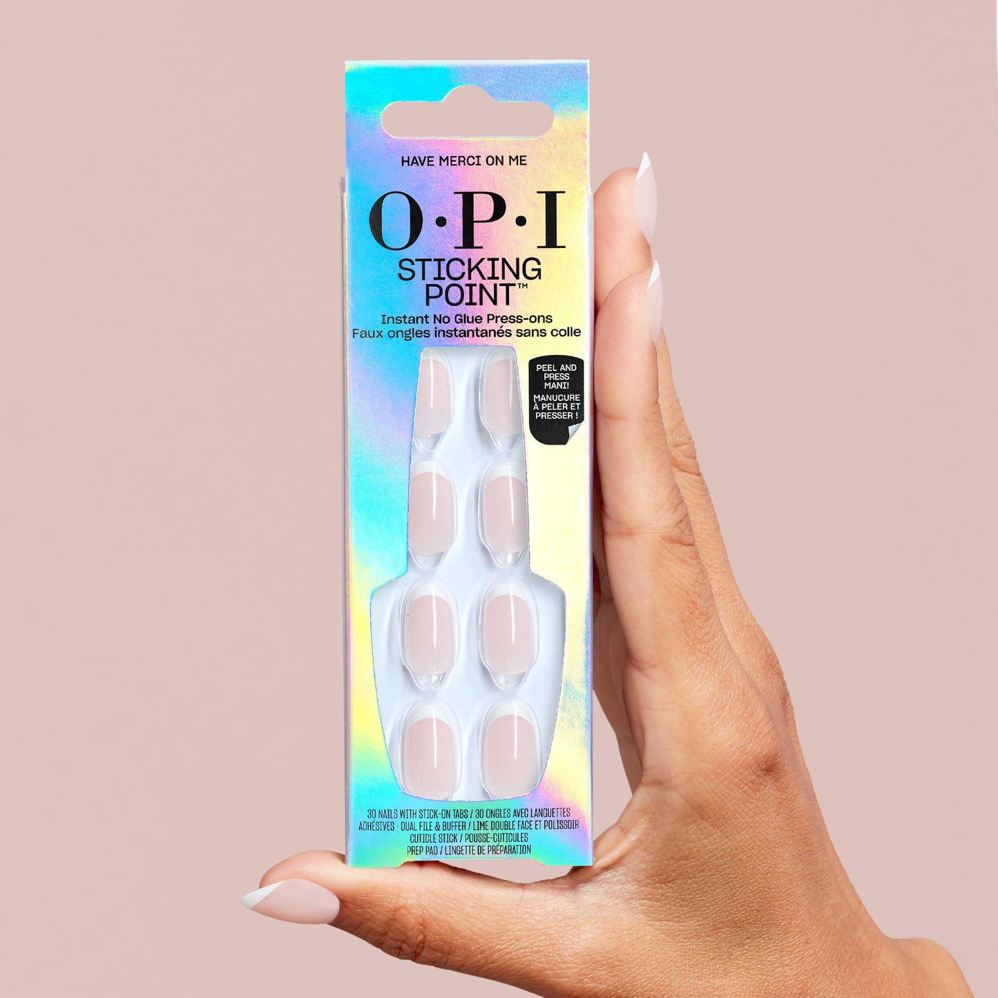Gray OPI Sticking Point Have Merci on Me | Short Round Opaque Neutral Pink French Tip Nail Art Instant No Glue Press On Nails | 30 Count with Adhesive Tabs | Damage-Free Wear | Spring 2026