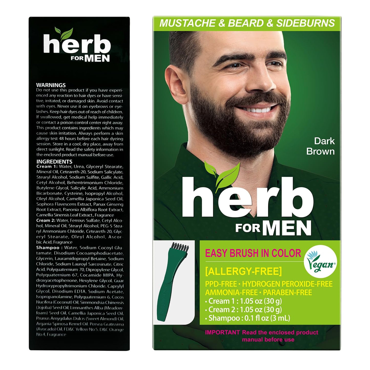 Dark Slate Gray Herb For Men Mustache & Beard Dye (Dark Brown, 1 Pack), PPD-Free Ammonia-Free, Vegan with Natural Ingredients, Gentle for Sensitive Skin, No Skin Irritation