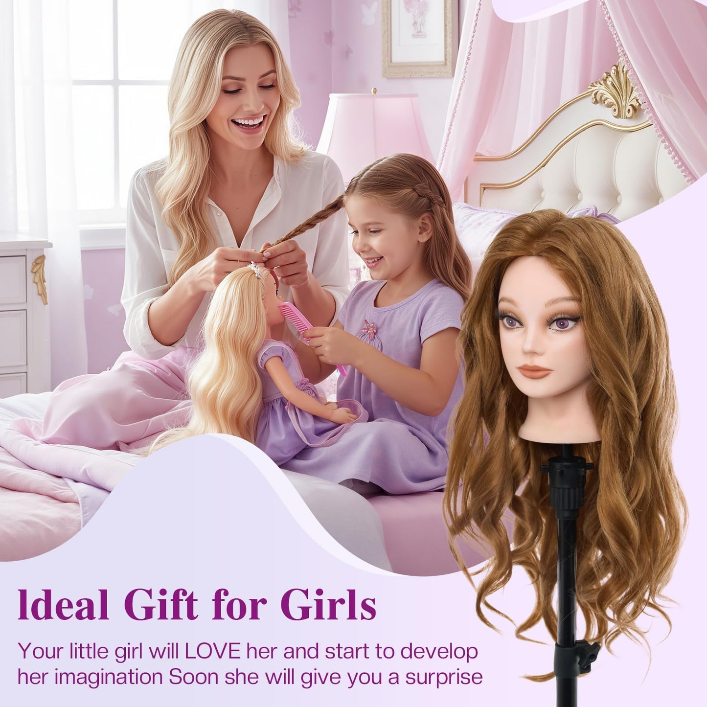 White Smoke Mannequin Head 80% Human Hair - 28" Makeup Manikin Doll Head for Hair Styling, Hairdressing Training Practice Braiding for Cosmetology Students, Professionals & Practice Exams