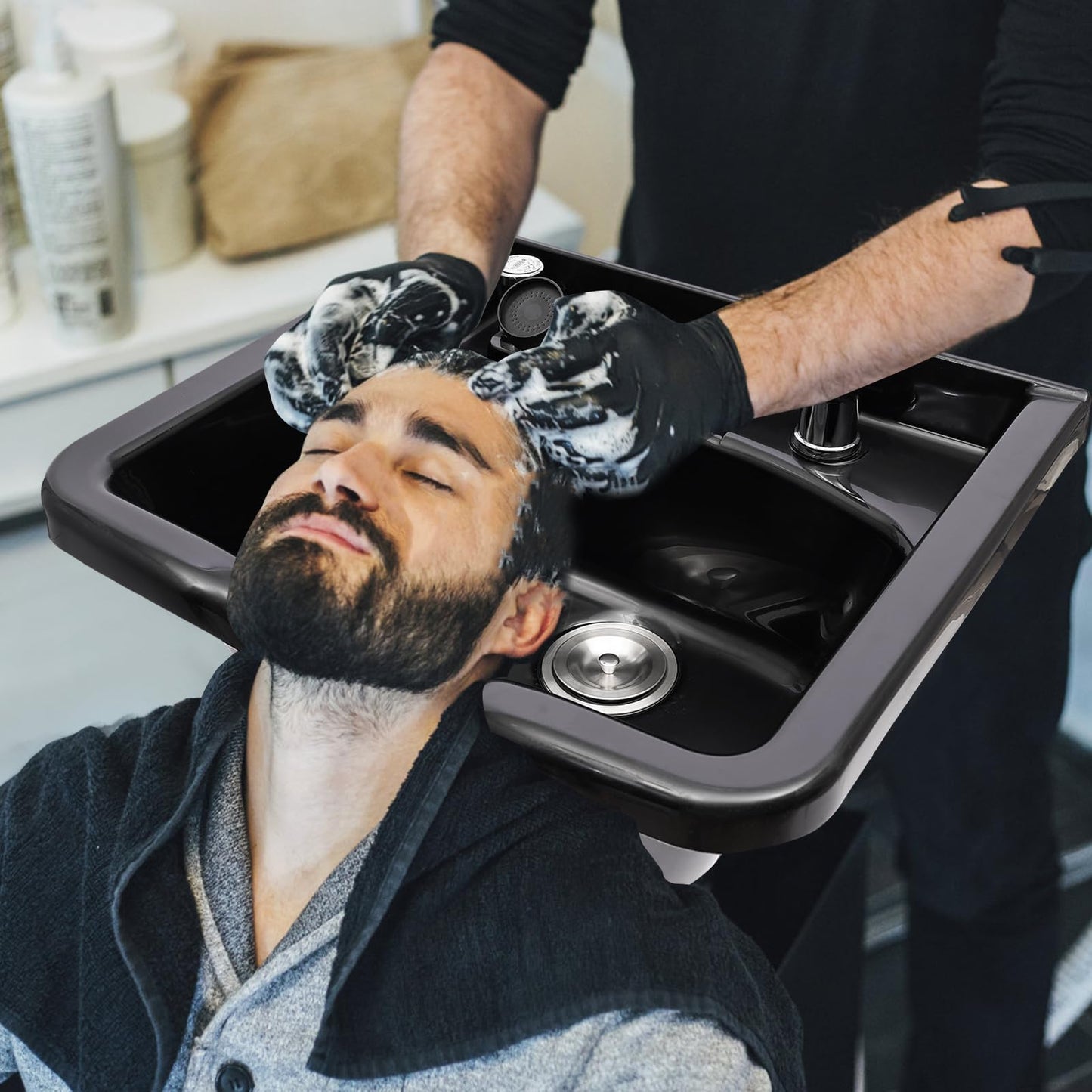 Black Shampoo Bowl For Salon, Wall Mounted Backwash ABS Salon Spa Barber Equipment With Spray Head, Professional Salon Spa Beauty Brushed Sink 9.84" in Depth, Portable Shampoo Bowl for Hair Stylists