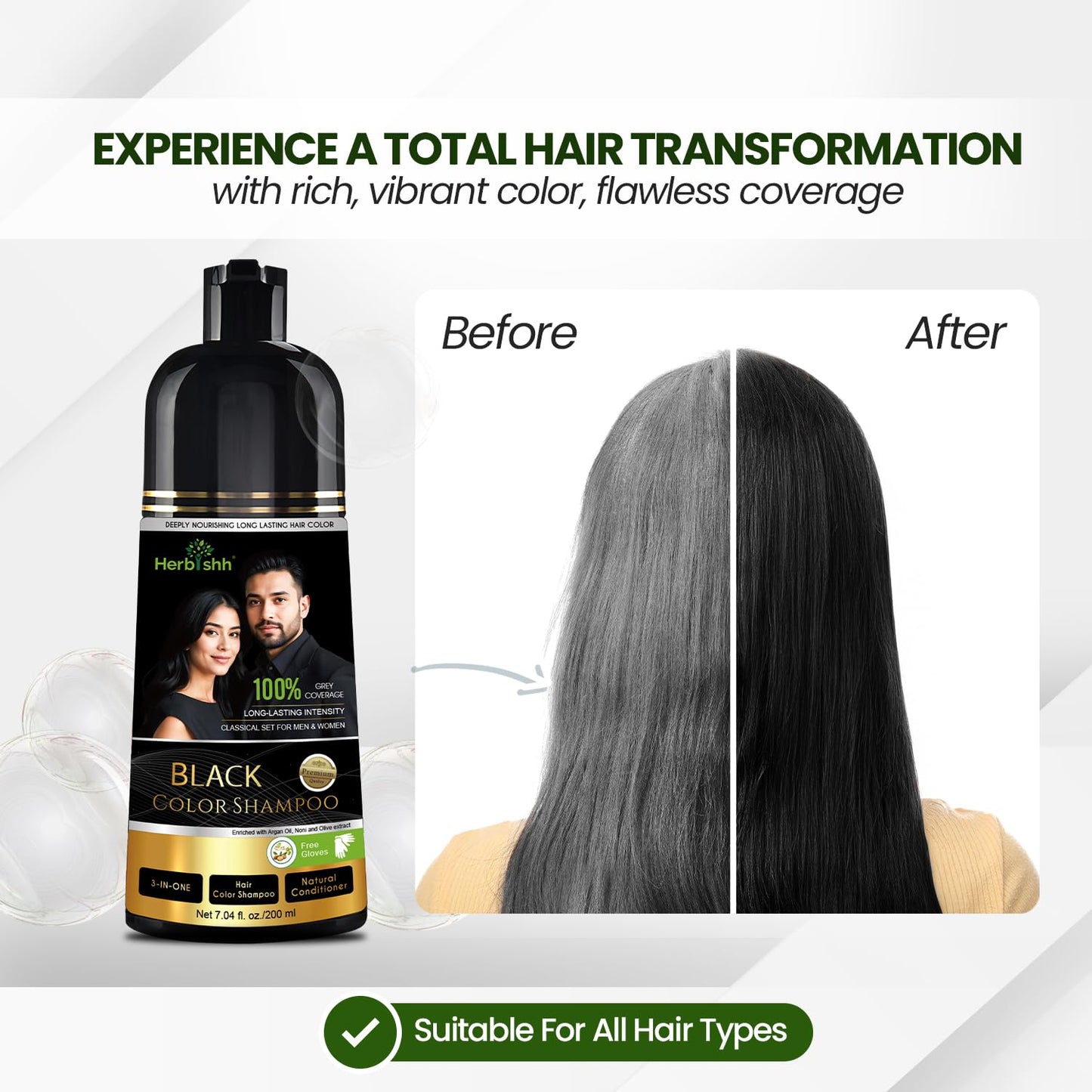 White Smoke Herbishh Black Shampoo, Hair Dye Shampoo 3 in 1, 100% Grey Coverage, Demi-Permanent Hair Color for Men & Women, Long-lasting Color in 5-15 Mins, Ammonia-free, 200 ml