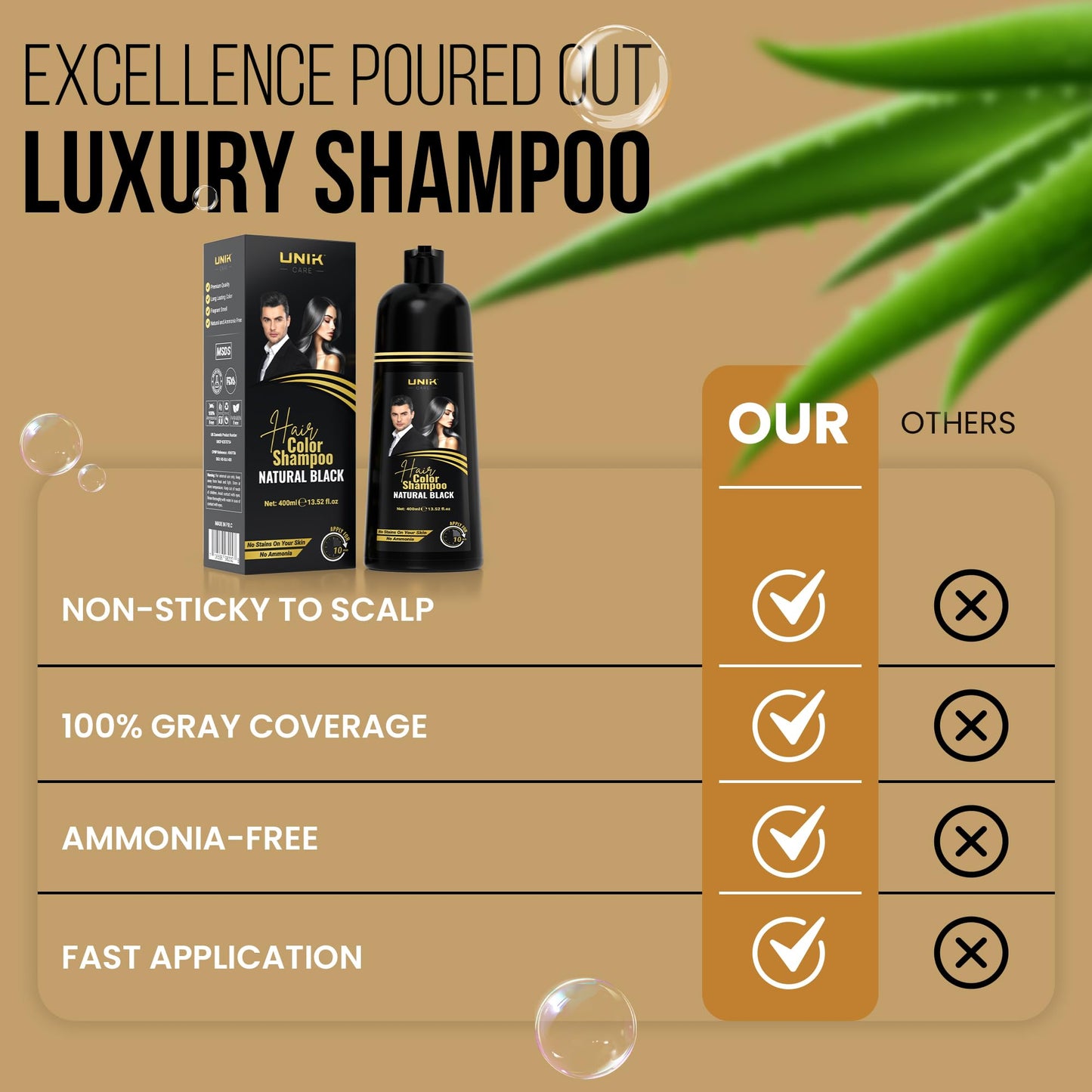 Dark Khaki UNIK Care Hair Dye Shampoo 400ml – 3 in 1 Natural Colour Shampoo for Grey Hair – Ammonia-Free Hair Dye for Women & Men (Natural Black)