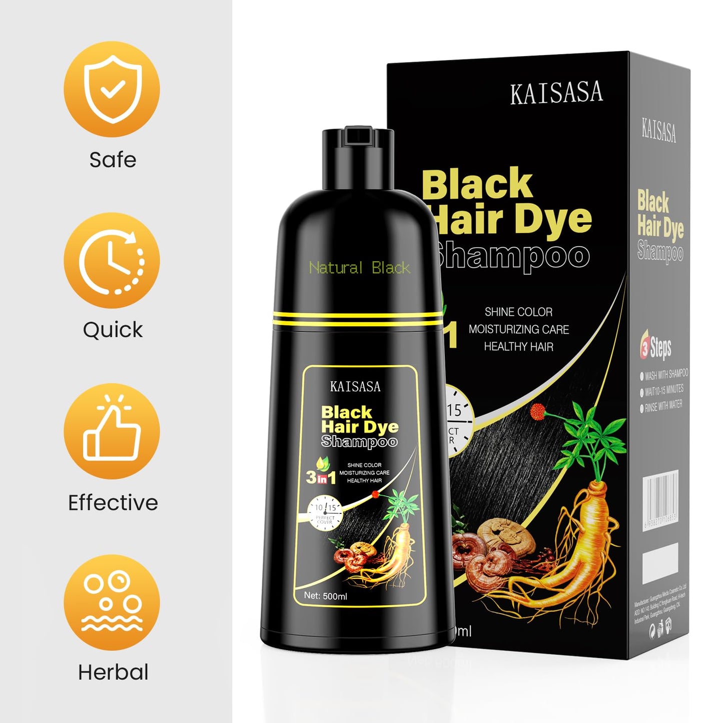 Black KAISASA Black Hair Dye Shampoo 3 in 1, Hair Color Shampoo for Women and Men, Hair Dye to Cover Gray Hair, Herbal Ingredient Shampoos for Grey Hair Coverage 500ml (Black)
