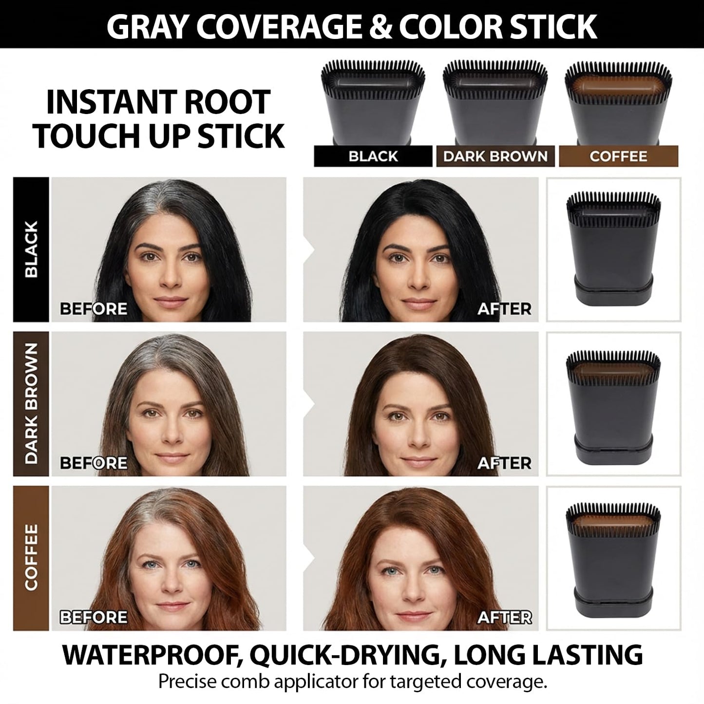 White Smoke TheMore Crazy 2-in-1 Hair Color Stick with Built-in Comb, Quick Root Touch-Up, Gentle Safe Formula, Long-Lasting Sweat-Proof Smudge-Proof for Women & Men (Black)