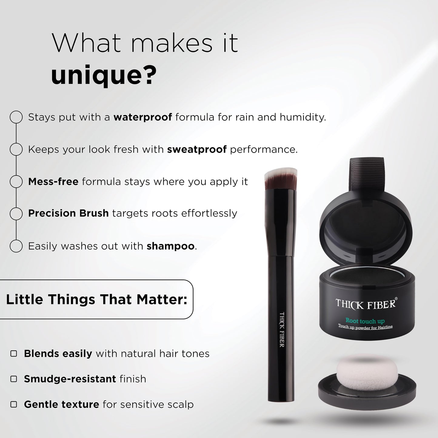 White Smoke THICK FIBER Root Touch Up Powder - Water & Sweat Resistant Hair Loss Concealer Set for Thinning Hair Women, Includes Brush (Black)