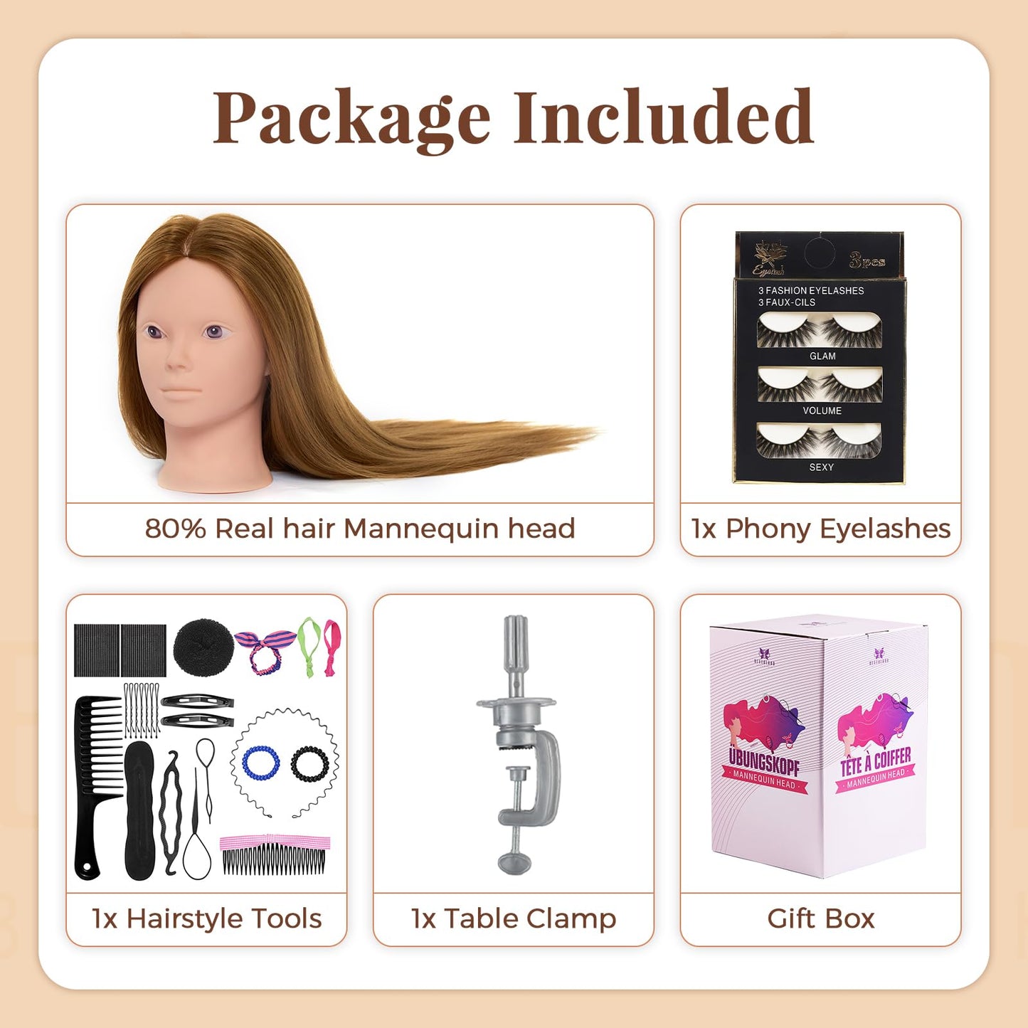 White Smoke Mannequin Head 80% Human Hair with Tripod Stand,28 Inch Make up Cosmetology Manikin Practice Doll Head,Braiding Hairdressing Head with Table Clamp + DIY Hair Styling Set