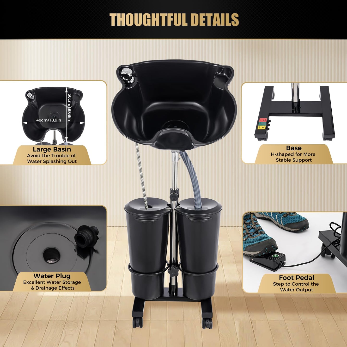 Black Portable Shampoo Basin with Pump and Wheels, Adjustable Height Salon Shampoo Bowl for Wheelchair Hair Wash, Mobile Hair Washing Station for Home Salon, Elderly & Bedridden Patient Care