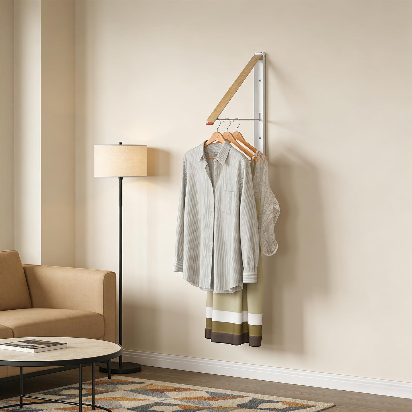 Light Gray Kolovbe Clothes Drying Rack Wall Mounted for Laundry, Retractable & Foldable Clothes Hanger, Indoor Outdoor Wall Dryer Rack Organization for Dorm, Closet, Apartment, Balcony, Laundry, Rv, Alcove, Wood
