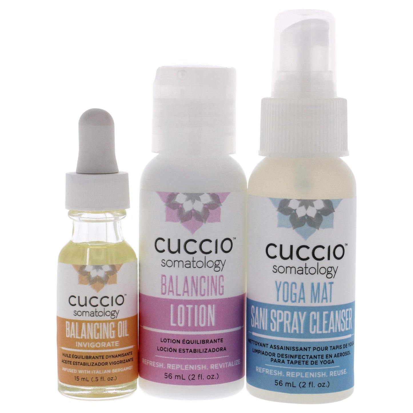 White Smoke cuccio SOMATOLOGY Yoga Essentials Kit - All-In-One Calming, Hydrating, Cleansing Ritual - Energizing Bergamot Orange Oil - Balancing Chamomile Lotion - Yoga Mat Sani Spray Cleanser - 3 Pieces,16 Ounce