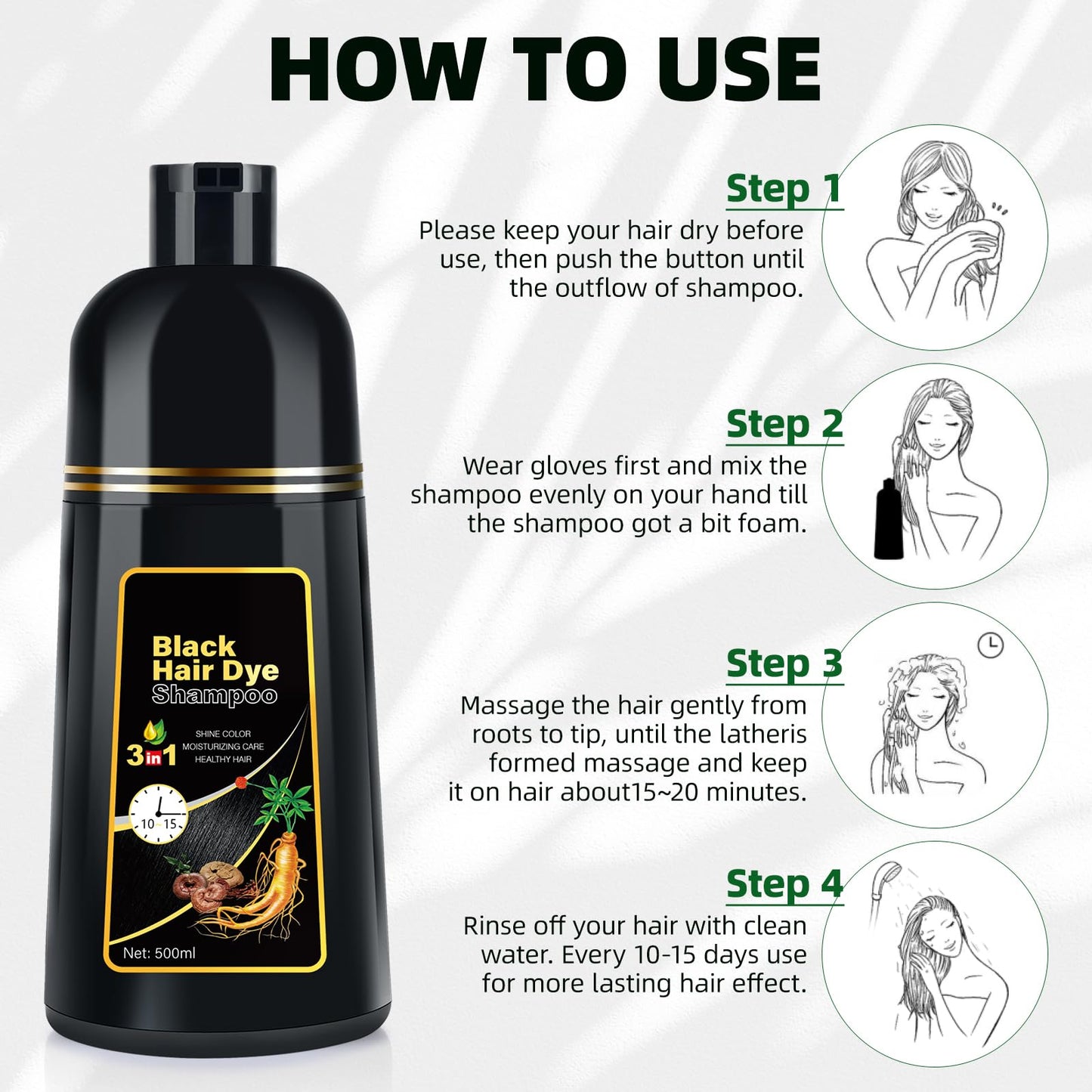 White Smoke Black Hair Dye Shampoo 3 in 1 for Gray Coverag Color Shampoo for Women/Men Instant Herbal Semi Permanent champu para canas