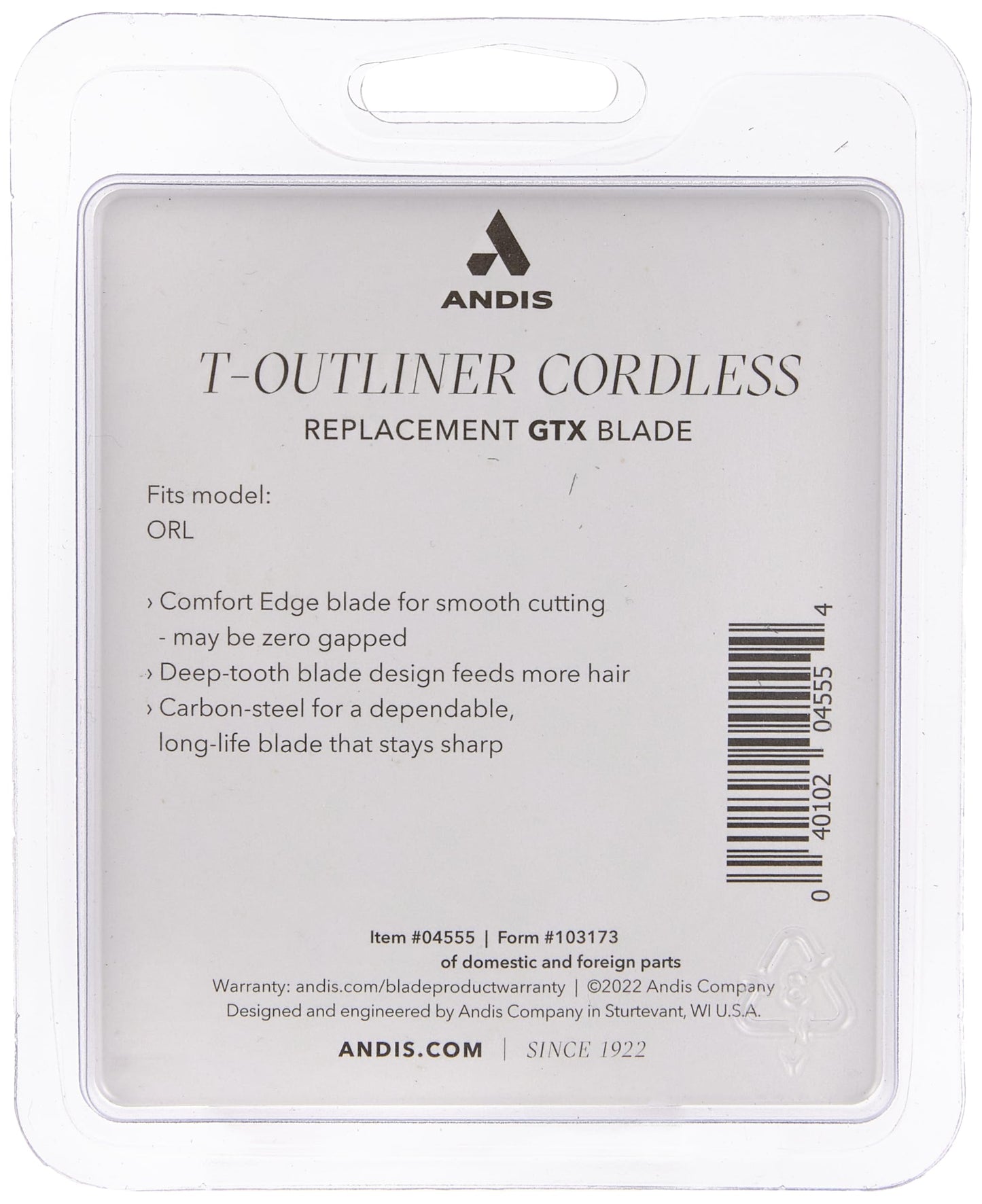 Light Gray Andis 04555 Cordless T-Outliner Lithium Ion Replacement Deep Tooth GTX Blade - Carbon Steel