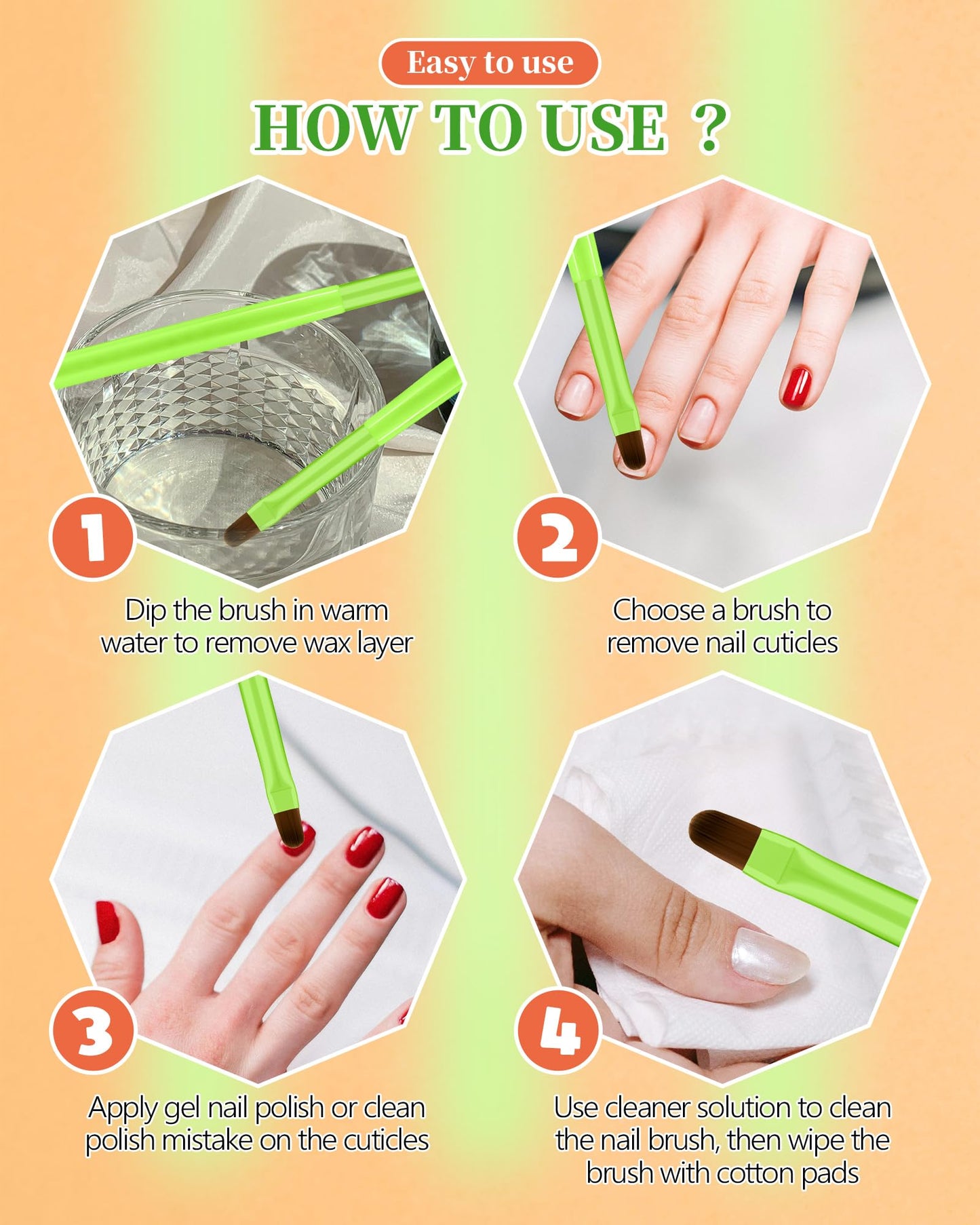 Navajo White 3PCS Nail Polish Clean Up Brush, Round&Falt&Angled Acetone Resistant Nail Brush for OPI Nail Polish Remover, Fingernail Cleaning Brushes at Home Nail Art and Designs(Bright Green)
