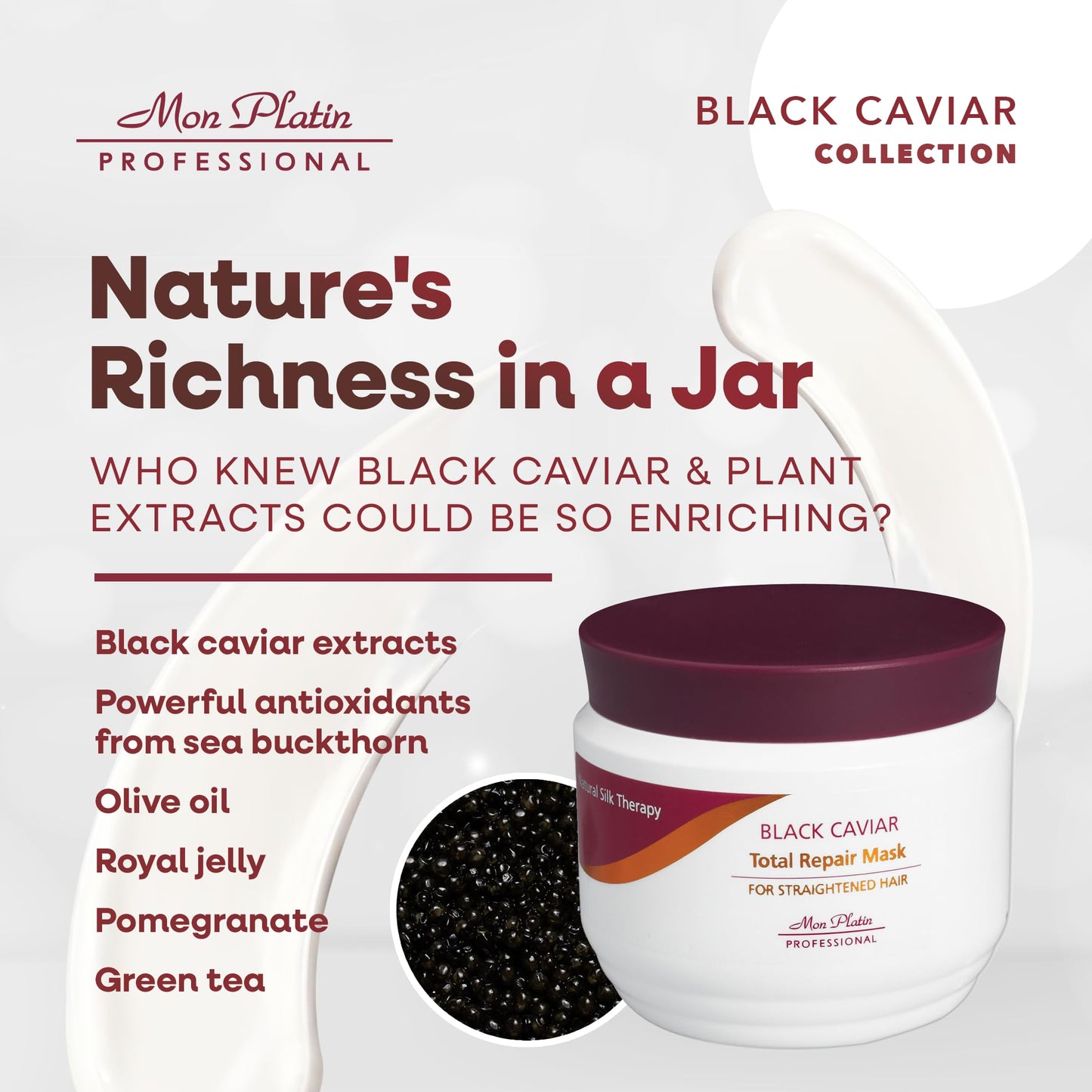White Smoke Mon Platin Professional Hair Conditioning Mask, Black Caviar Total Repair, 500ML, For Straightened Hair, Intensive Recovery, Deep Conditioning, SLS/Salt Free