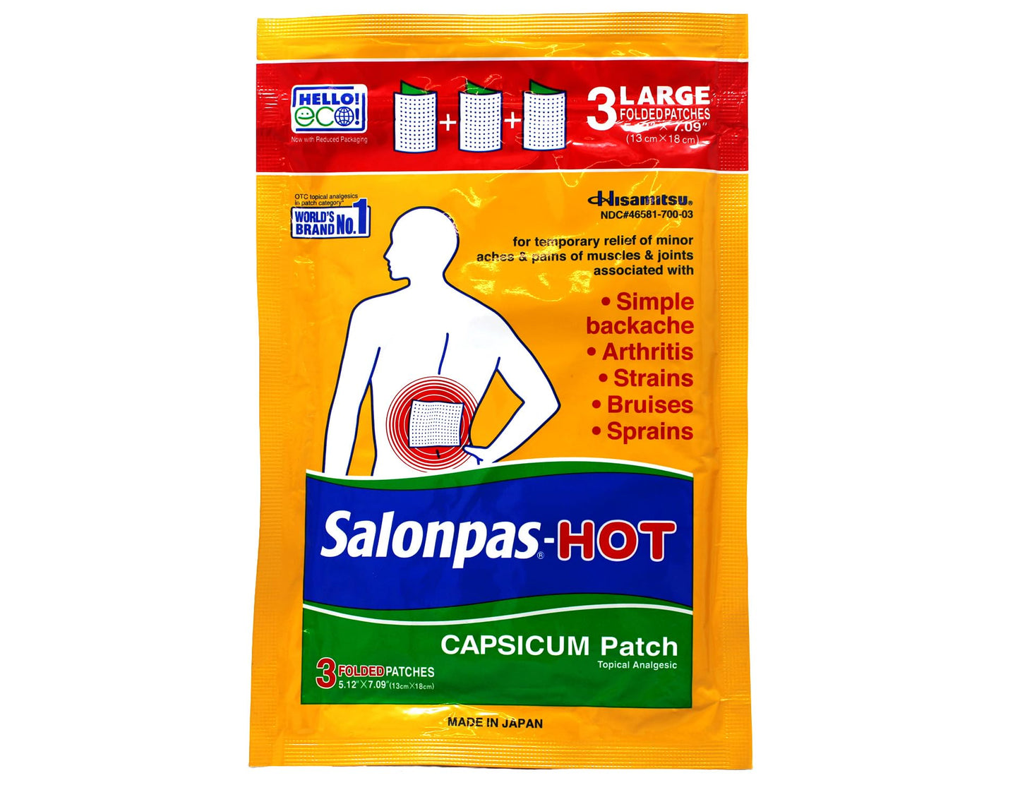 Dark Orange Salonpas Pain Relieving HOT Capsicum Patch, 3 Count per Pack Pack, for Back, Neck, Shoulder, Knee Pain and Muscle Soreness, 8 Hour Pain Relief Pack of 2