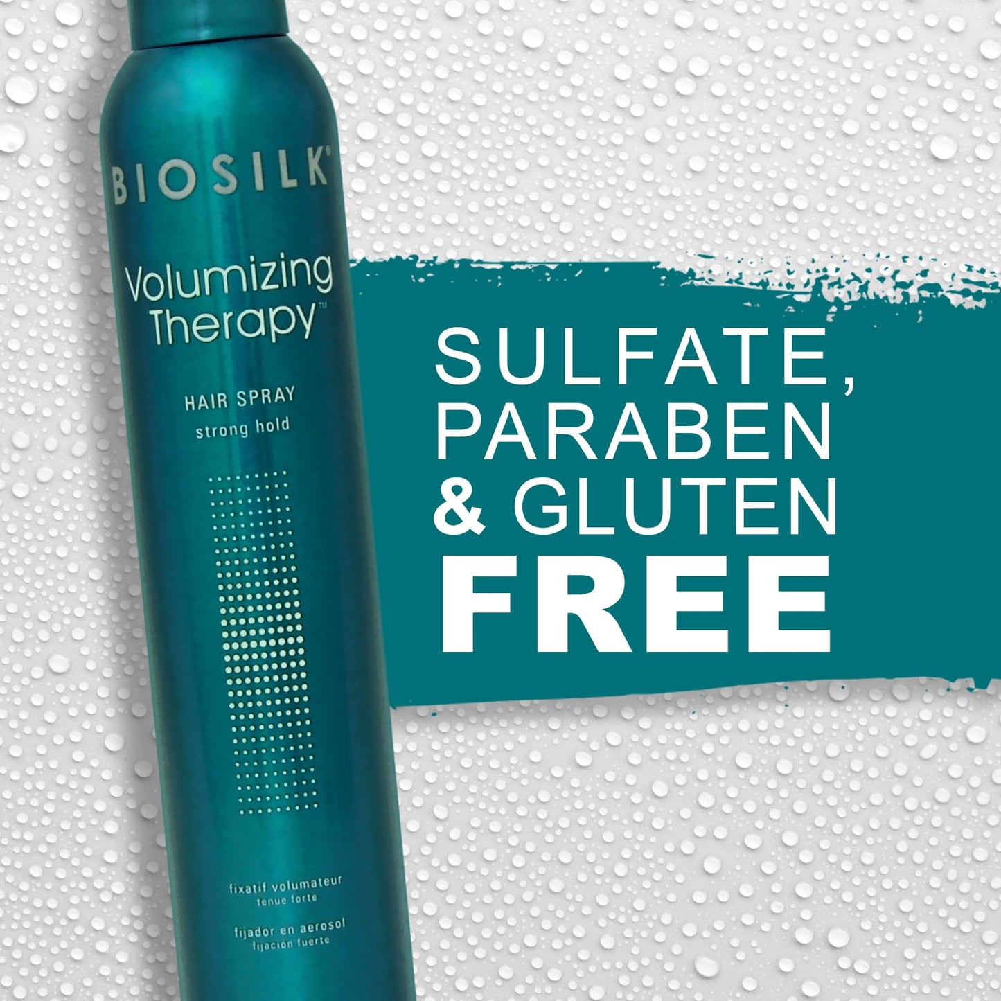 Light Gray BioSilk Volumizing Therapy Strong Hold Hair Spray, Adds Volume, Strength & Shine, Long-Lasting Style, Silk & Rice Proteins, Sulfate-Free, Paraben-Free, Cruelty-Free, 10 Oz