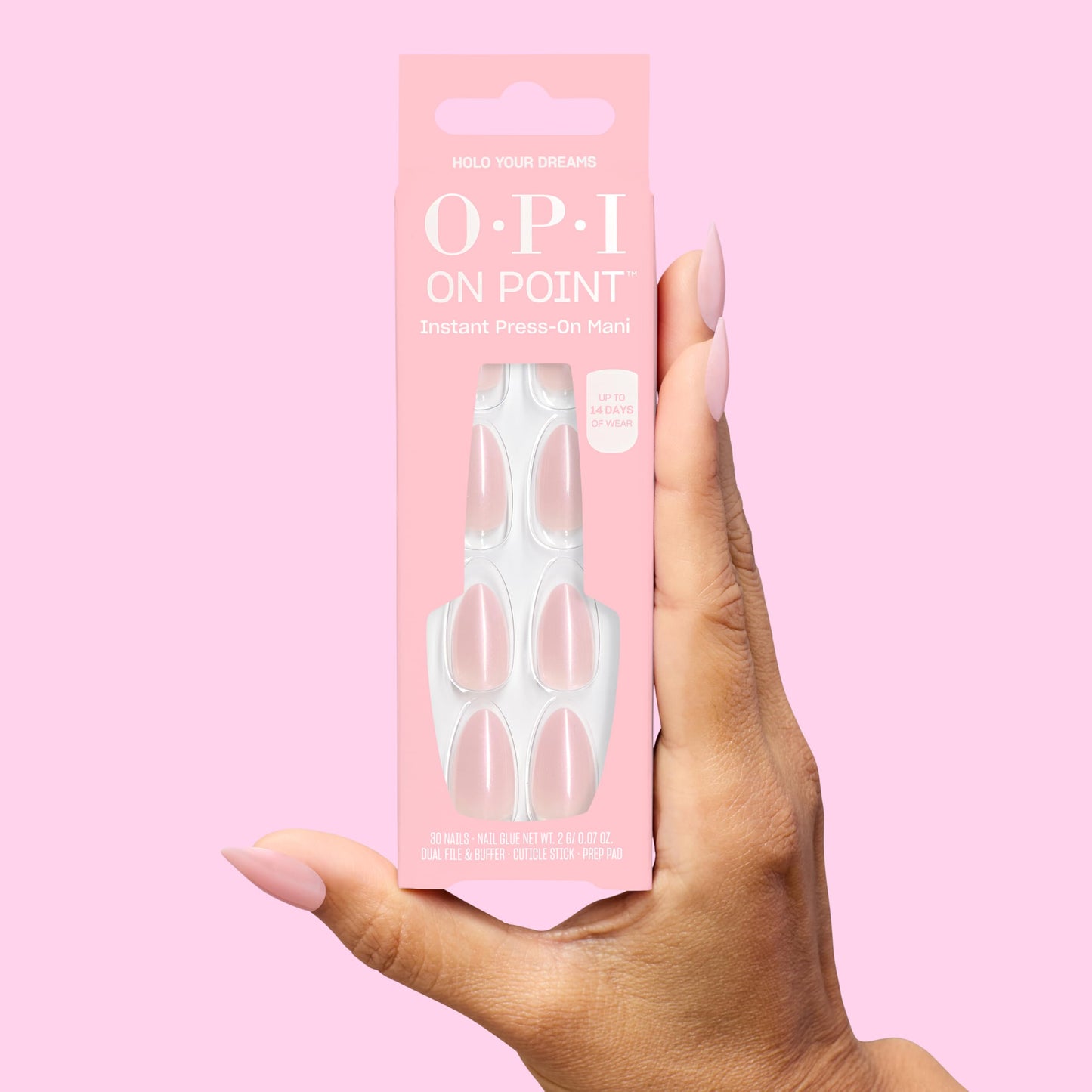 Misty Rose OPI On Point Holo Your Dreams | Short Almond Opaque Neutral Holographic Press On Nails | 30 Count with Glue | Long Lasting, Reusable, Non-damaging | Spring 2026