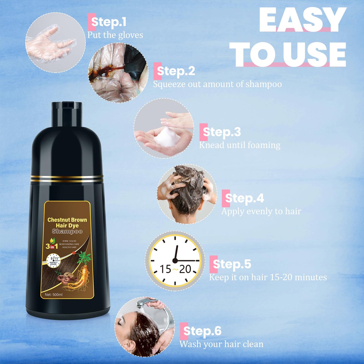 Light Gray BOJICA Hair Dye Shampoo for Gray Hair Coverage, 3-in-1 Semi-Permanent Color Shampoo for Women & Men Chestnut Brown