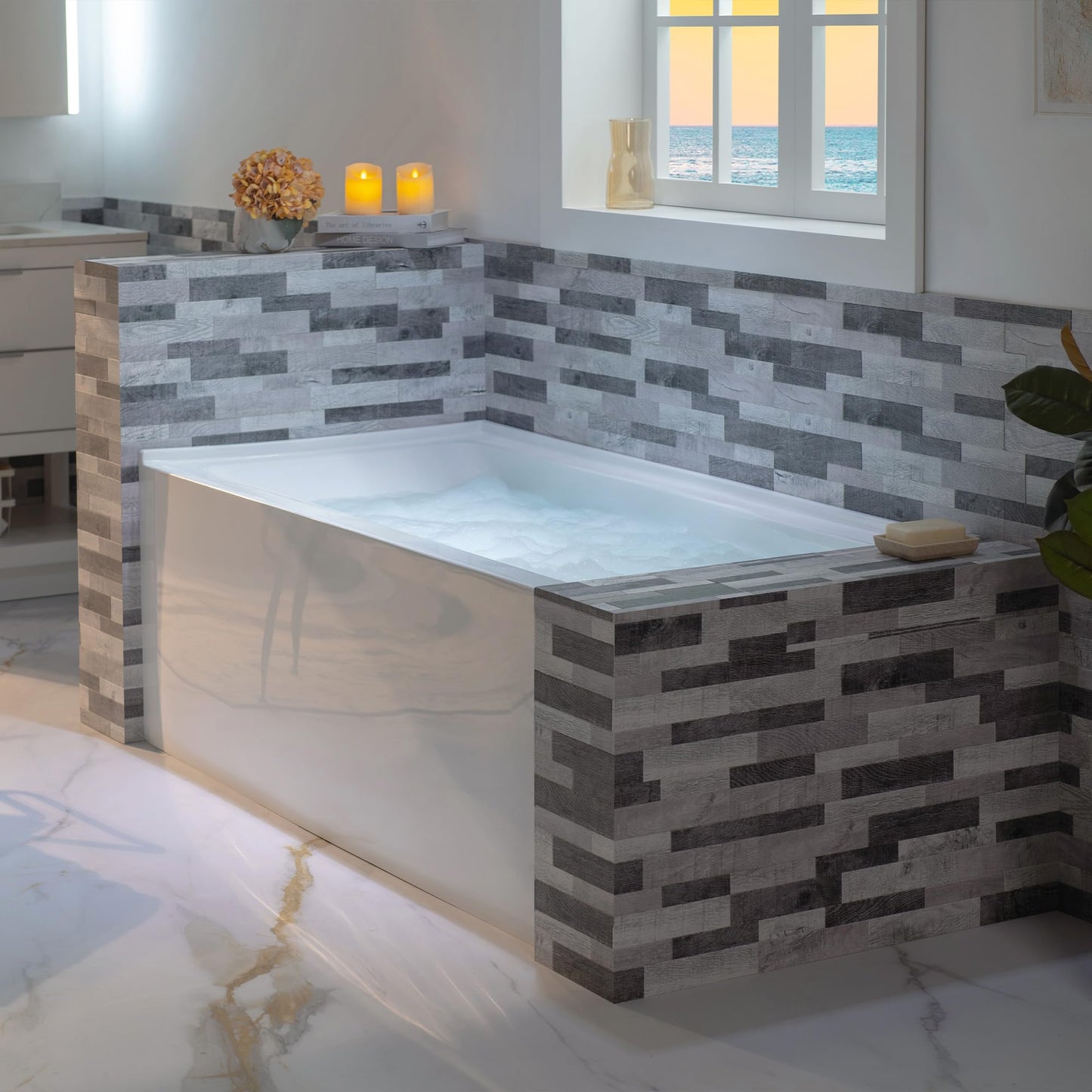 Light Slate Gray WOODBRIDGE 60" Acrylic Rectangular Alcove Soaking Bathtub in White with Right Drain, Matte Black pop-up Drain Included, LB666-R