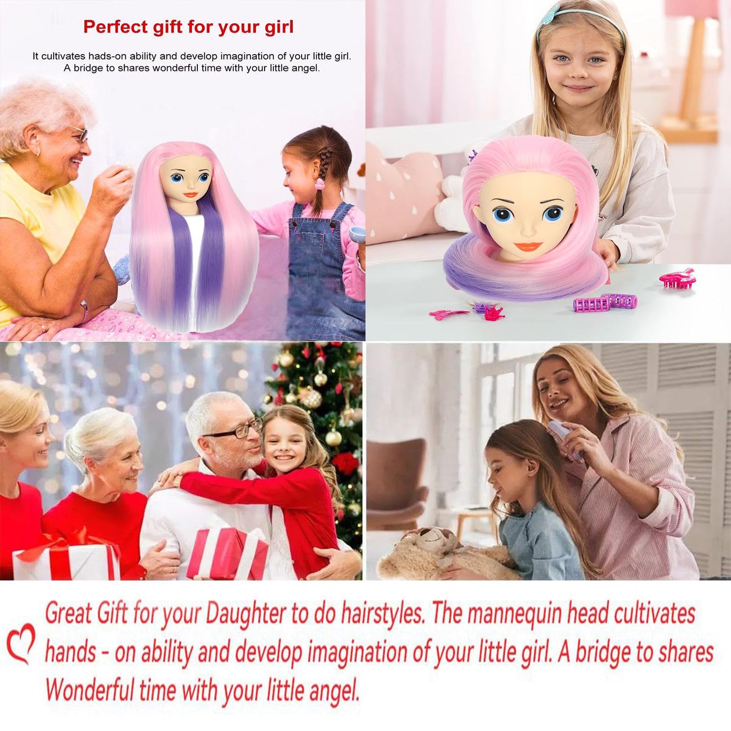 White Smoke Mannequin Head with 26 inch Long Synthetic Fiber Colorful Hair Styling Training Head Manikin Cosmetology Doll Head Hairdressing Training Model for Cutting Braiding Practice and Free Clamp Holder