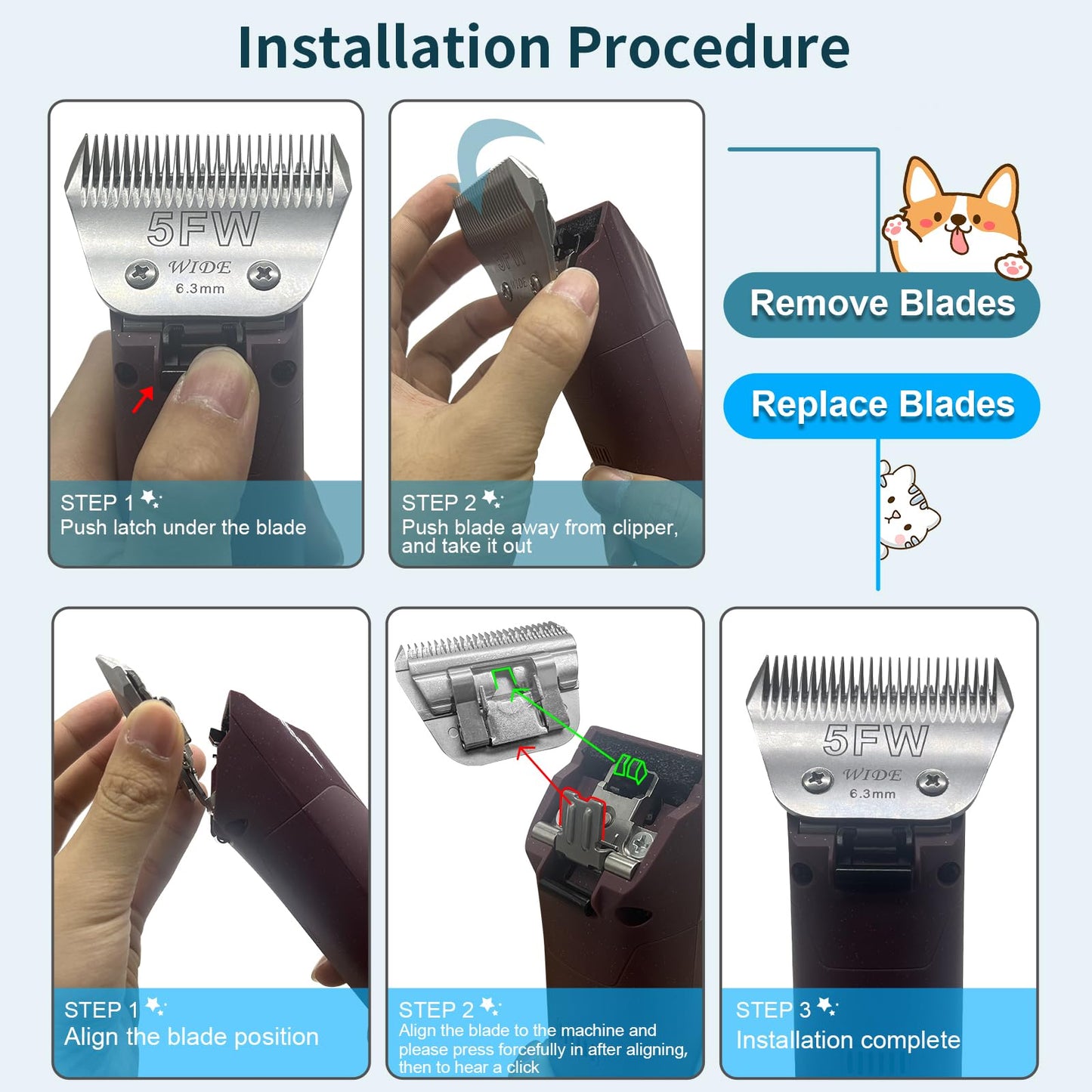 White Smoke Newbulu 5FW Dog Grooming Wide Blade,Detachable Pet Dog Grooming Blades,Compatible with Andis,Oster A5,Wahl km10 Clippers.Cutting Length 1/4 in(6.3mm)