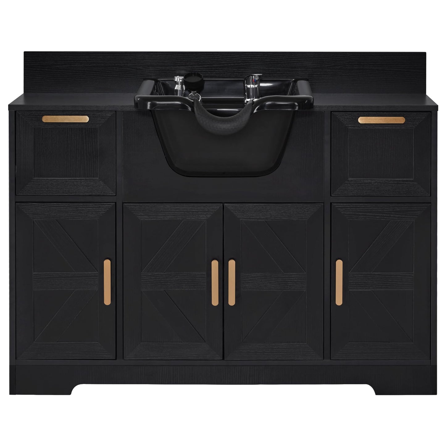 Dark Slate Gray BarberPub Portable Shampoo Station, Shampoo Bowl with Cabinet & Drawer, Salon Geometric Finish Station with Sprayer Faucet, Barber Storage Equipment with Hair Wash Backwash Sink 3439 (Black)
