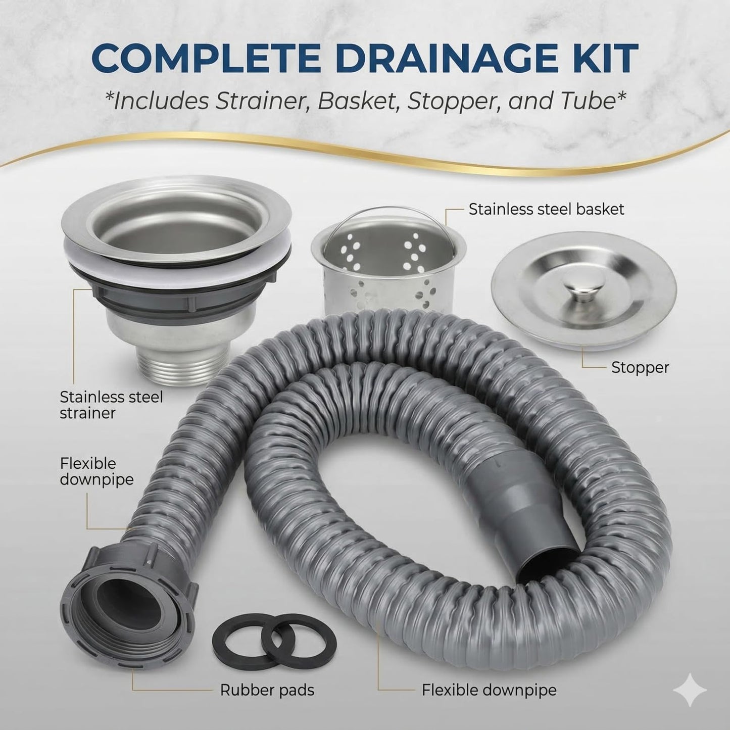 Gray Stainless Steel Sink Drain Strainer Assembly with Flexible Hose - Salon Shampoo Bowl Drain Kit with Deep Hair Catcher Basket & Stopper - Fits 3.1" to 3.5" Sink Openings