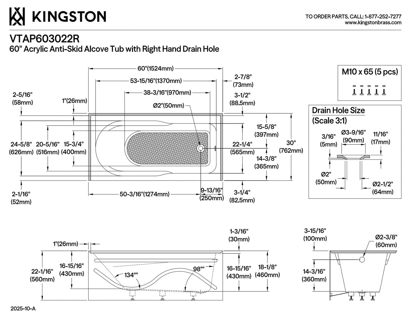 White Smoke Kingston Brass Aqua Eden VTAP603022R 60-Inch Acrylic Anti-Skid Alcove Tub with Right Hand Drain Hole, White