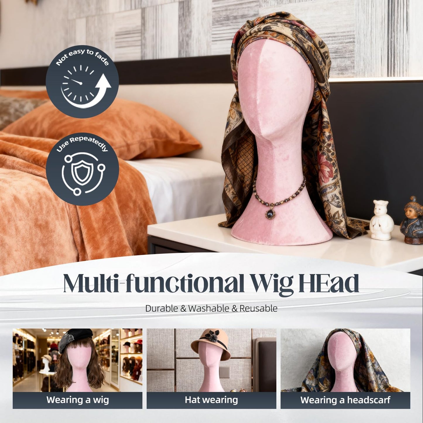 Lavender Nyxaphoralyn Wig Head Stand Mannequin Head Hat Display Stand Velvet Wig Holder for Mask, Headdress, Necklace (White)