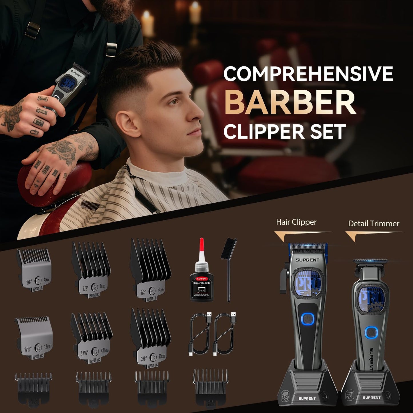 Dark Slate Gray SUPRENT StormGray Professional Hair Clippers for Men - Cordless Barber Clippers & Zero-gapped Trimmer Set, Haircutting Kit with High Performance Motor, Blue Titanium-Coated Blades, Charging Stands